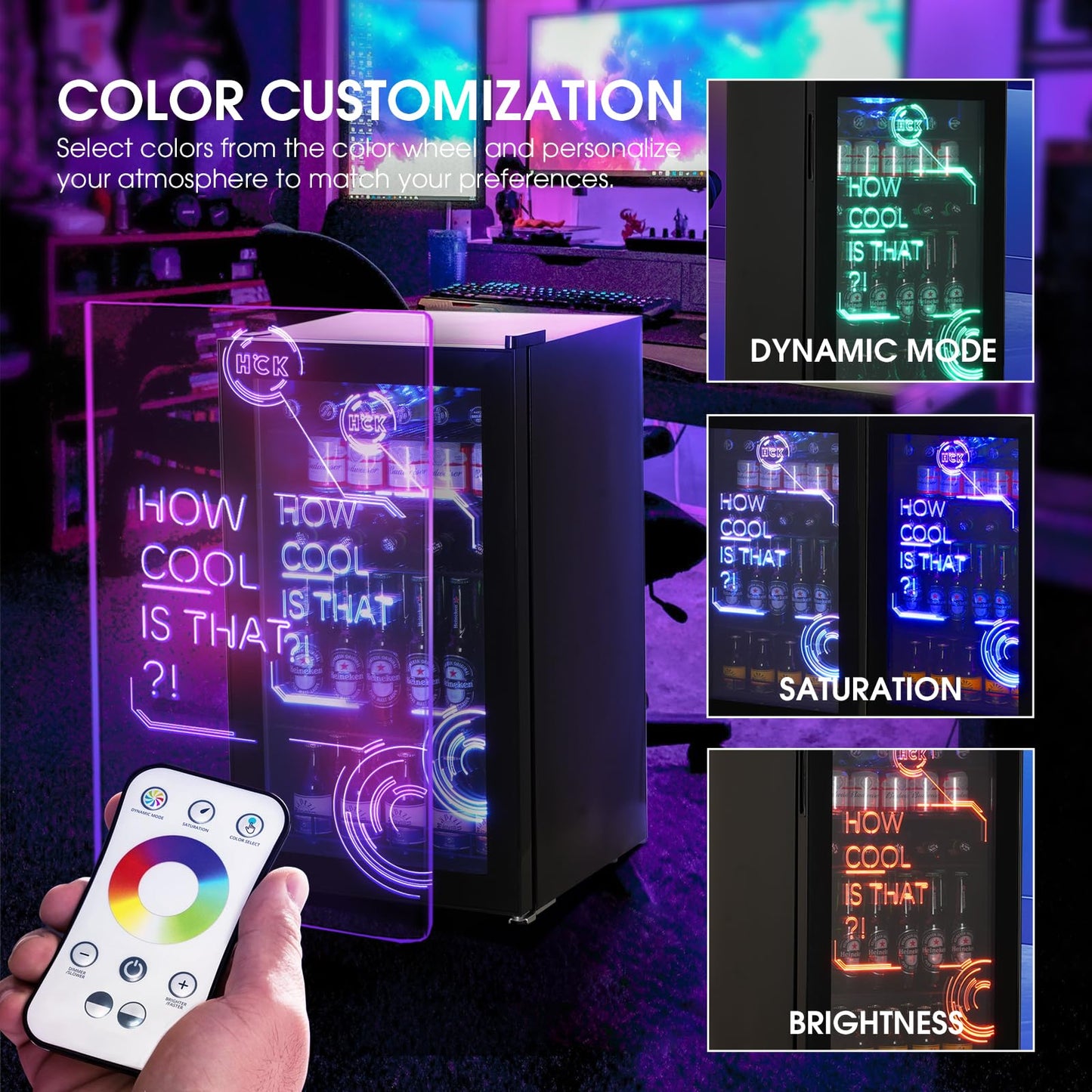 HCK 98L Getränkekühlschrank mit Cyberpunk RGB Beleuchtung, Minibar kleine Kühlschrank mit Glastür, lautlos 39dB, 0-15°C, Bierkühlschrank für Spielzimmer, Küche, Schwarz