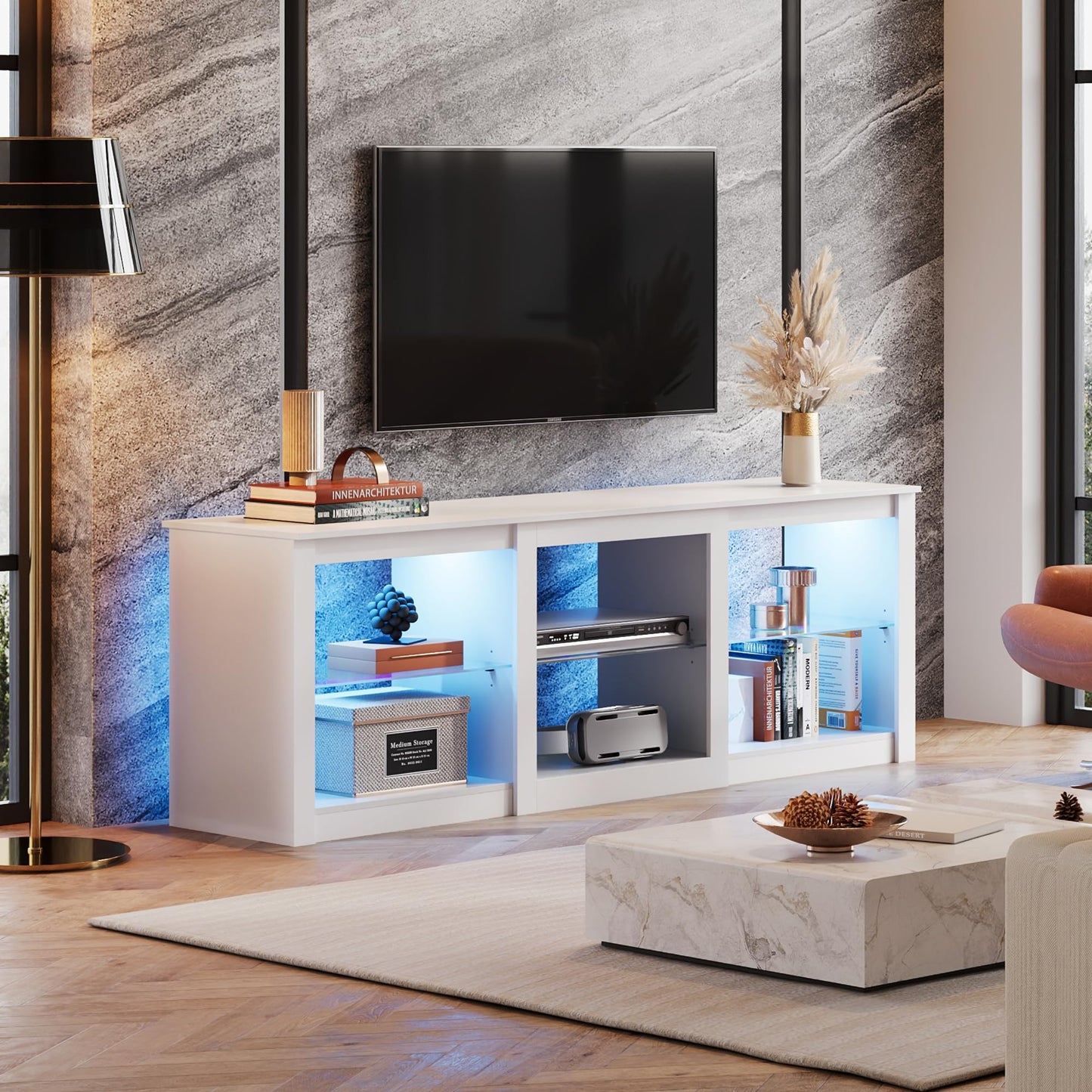 WLIVE LED TV Cabinet, 166 x 39 x 56 cm, Lowboard for TVs up to 75 Inches, TV Stand with Adjustable Glass Shelf for Living Room, Bedroom (Black)