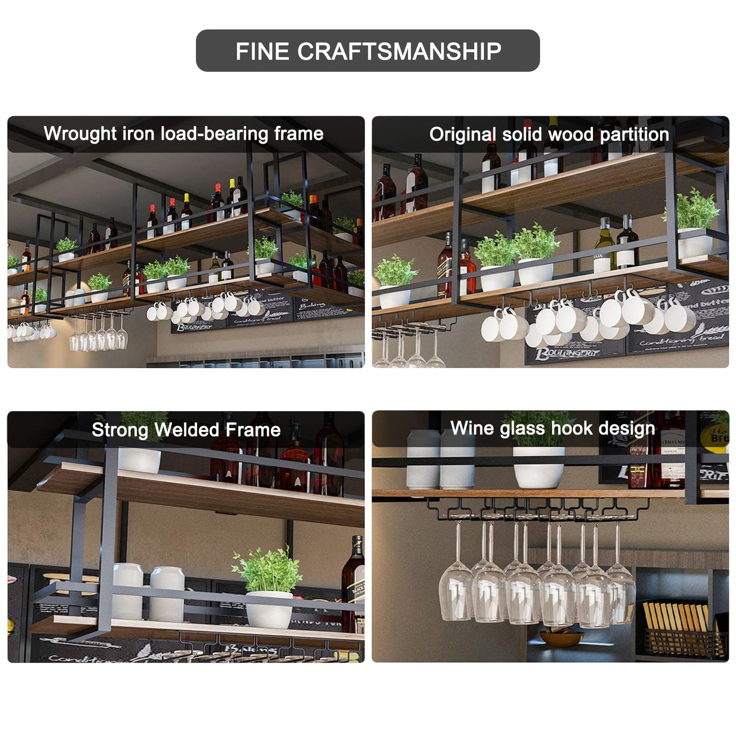 KEPMOGOH Deckenregal Weinregal mit Glashalter, Schwebendes Hängeregal 2-Lagiger Industrieller Hängender Weinflaschenhalter, Schwarzes Metall-Deckenregal für Bar-Café-Küche (Schwarz, 160×30×80cm)
