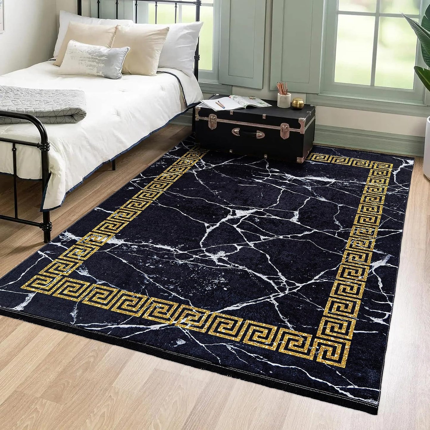 Mazovia Modern Teppich - Kurzflor Waschbar - Weich Teppich für Wohnzimmer, Schlafzimmer, Esszimmer – Teppiche Marmor Abstrakt Muster - Schwarz Gold 160 x 230 cm