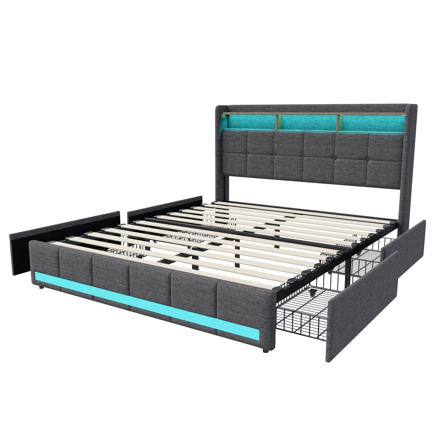 KeepGoon Doppelbett 140 x 200 cm,Polsterbett mit LED-Leuchten, 4 Eisenschubladen und einem USB Ladeanschluss,Stauraumbetten Bettgestell,Leinenstoff (Beige)