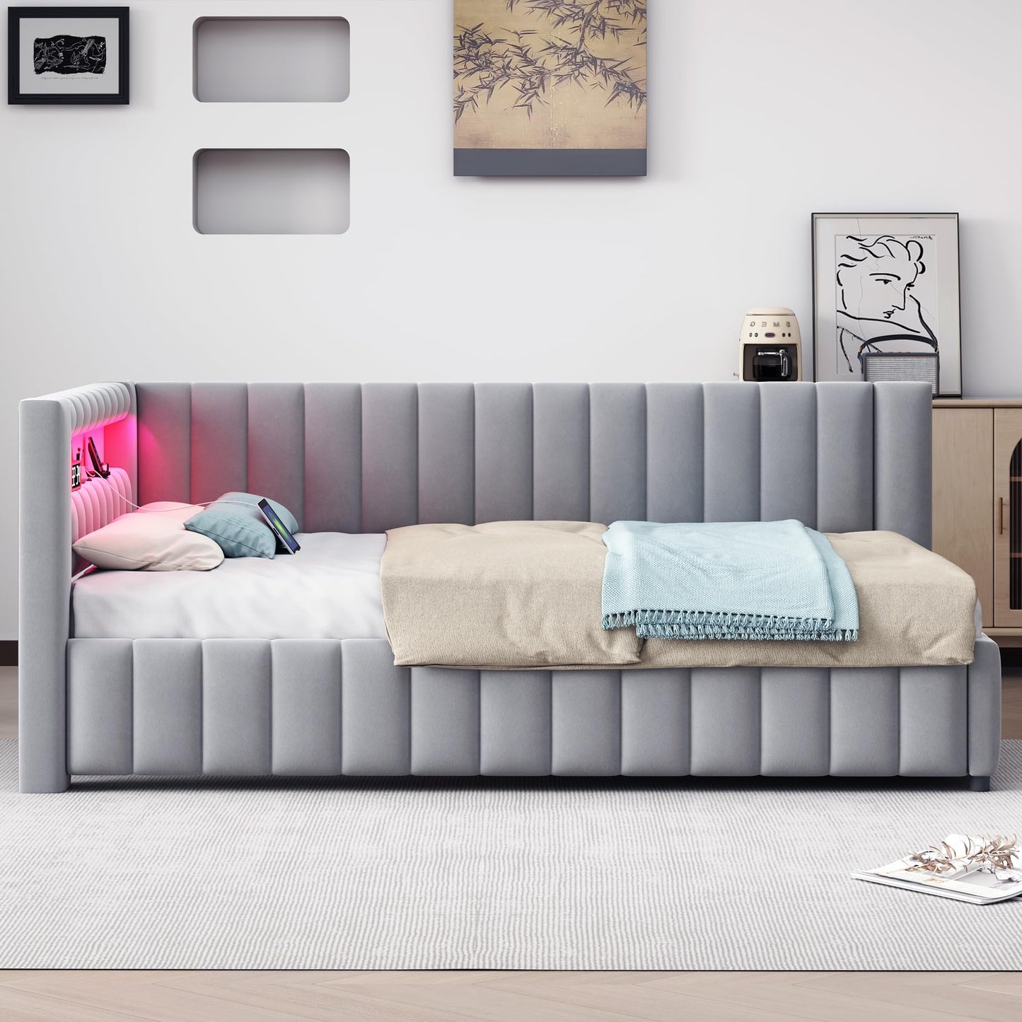 KEYIDE Upholstered Sofa Bed, 140 x 200 cm with LED Lighting and USB Charging, Bed Frame with Wooden Slatted Frame, Day Bed, Guest Bed, Youth Bed, Velvet Fabric, Without Mattress (Grey, 140 x 200)