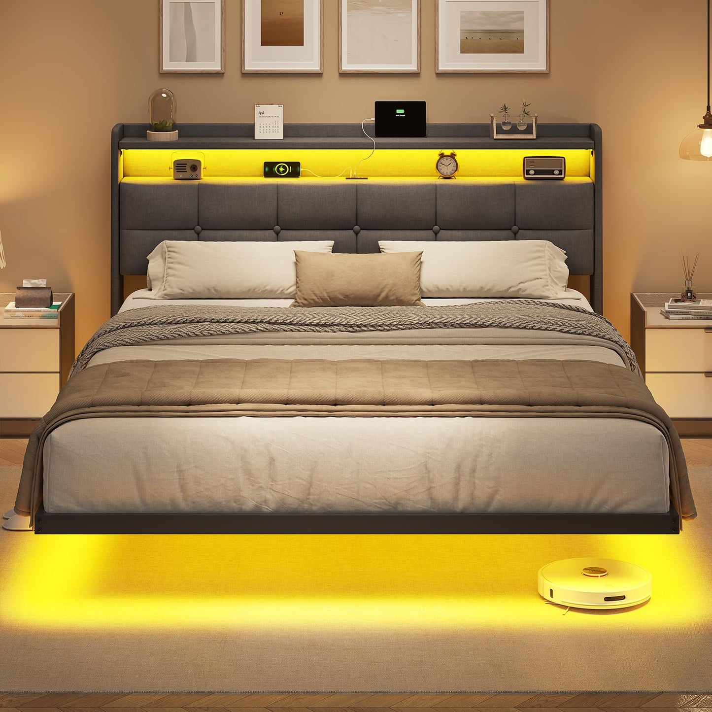 AOGLLATI Upholstered Bed 140 x 200 cm, Double Bed Frame, Bed Frame with LED Lighting and Charging Station, Bed Frame with Headboard, Bed Floating Bed Frame, Metal Bed, Linen, Dark Grey (without