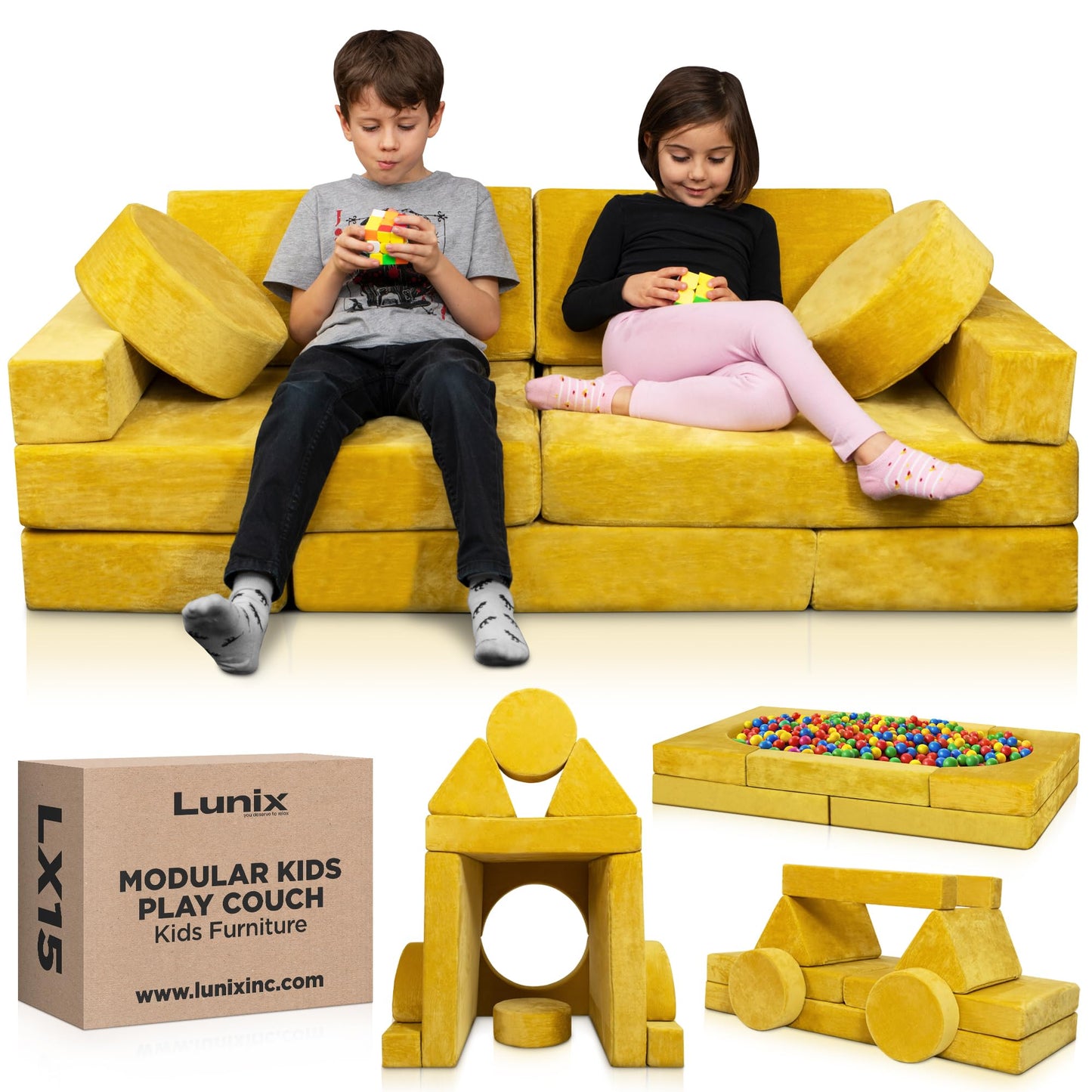 Lunix LX15 14pcs Modular Kids Play Couch, Child Sectional Sofa, Fortplay Bedroom and Playroom Furniture for Toddlers, Convertible Foam and Floor Cushion for Boys and Girls, Gray