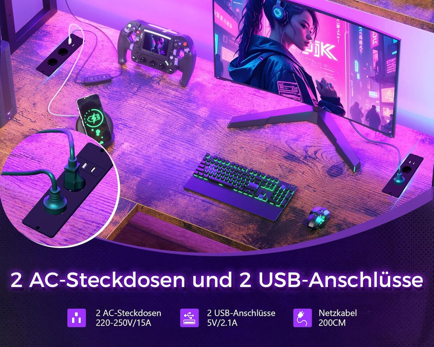 ODK Eckschreibtisch Weiß mit Stall, 150×120 cm Reversibel Gaming Tish L Form mit LED, Computertisch mit USB-Ladeanschluss&Steckdose, Gaming Schreibtisch für das Heimbüro