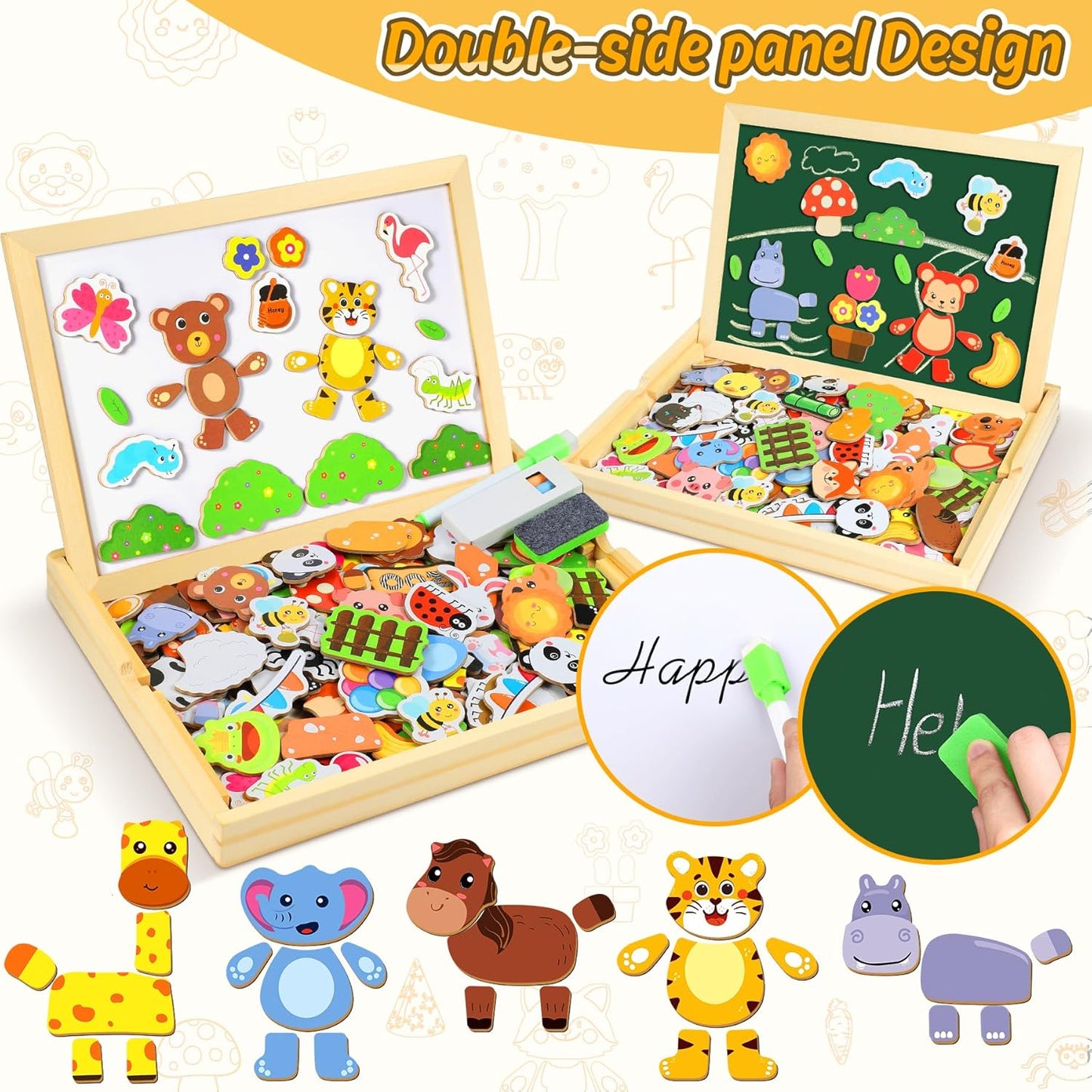 COOLJOY Magnetic Wooden Puzzles Double Sided Wooden Board Toy Learning Game for Children Boys Girls 3 4 5 Years Old