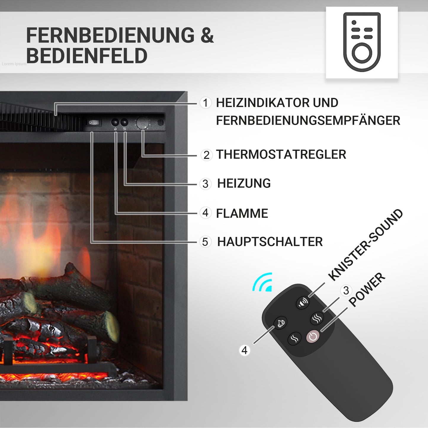 BALDERIA Calida 26" Elektrokamin - Elektrischer Einbaukamin mit 3D-Flammeneffekt | Elektro Heizung 2000W | Knister-Sound | Kamin mit Fernbedienung & Thermostat | Schwarz
