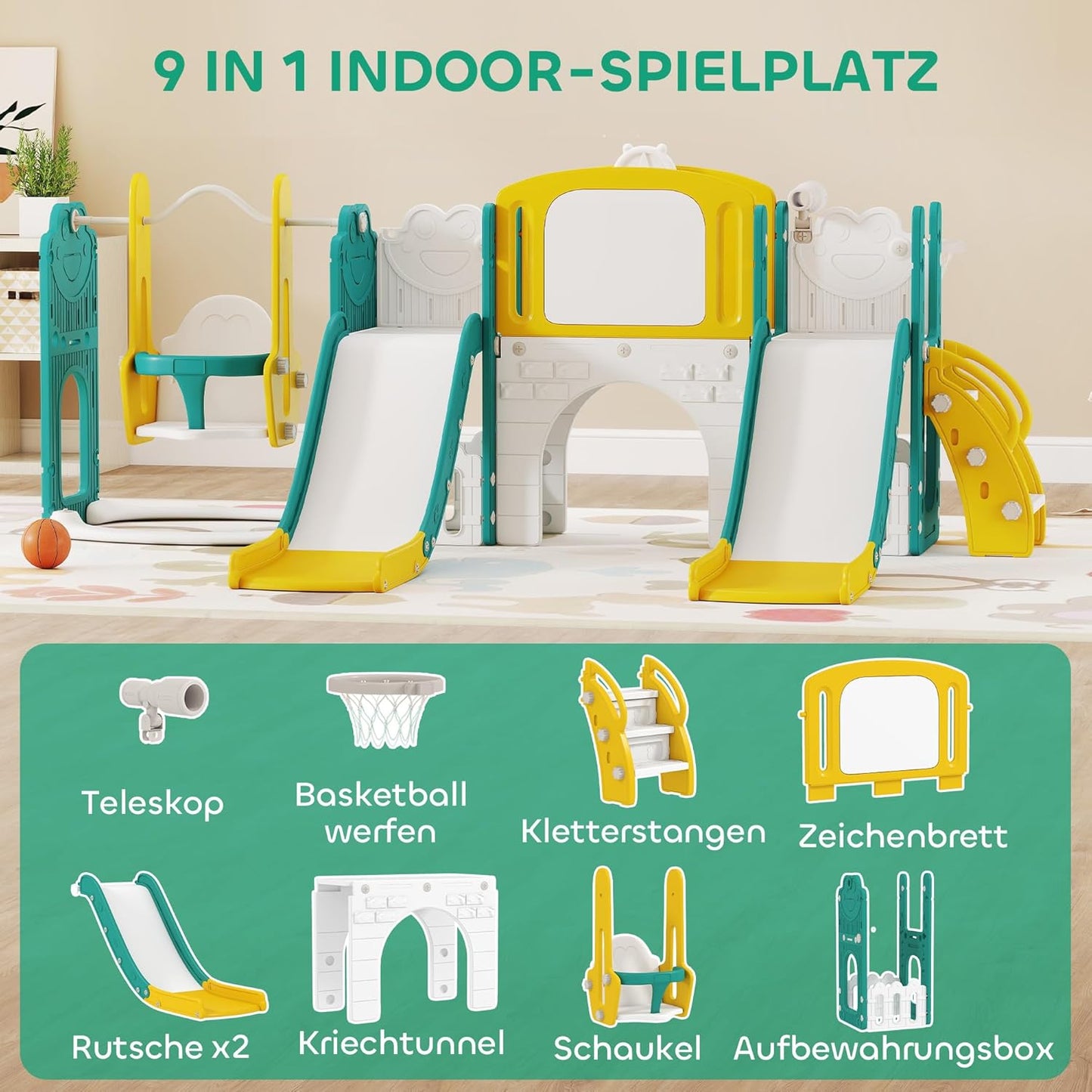 AIRPLAY Kinder Rutsche 9 in 1 Kleinkind Rutsche mit Basketballkorb, 2 Rutsche, Klettergerüst, Schaukel, Tunnel, Fernrohr, Reißbrett, Froschmotiv und Aufbewahrungsbox usw. Indoor Outdoor für 1-3 Jahre