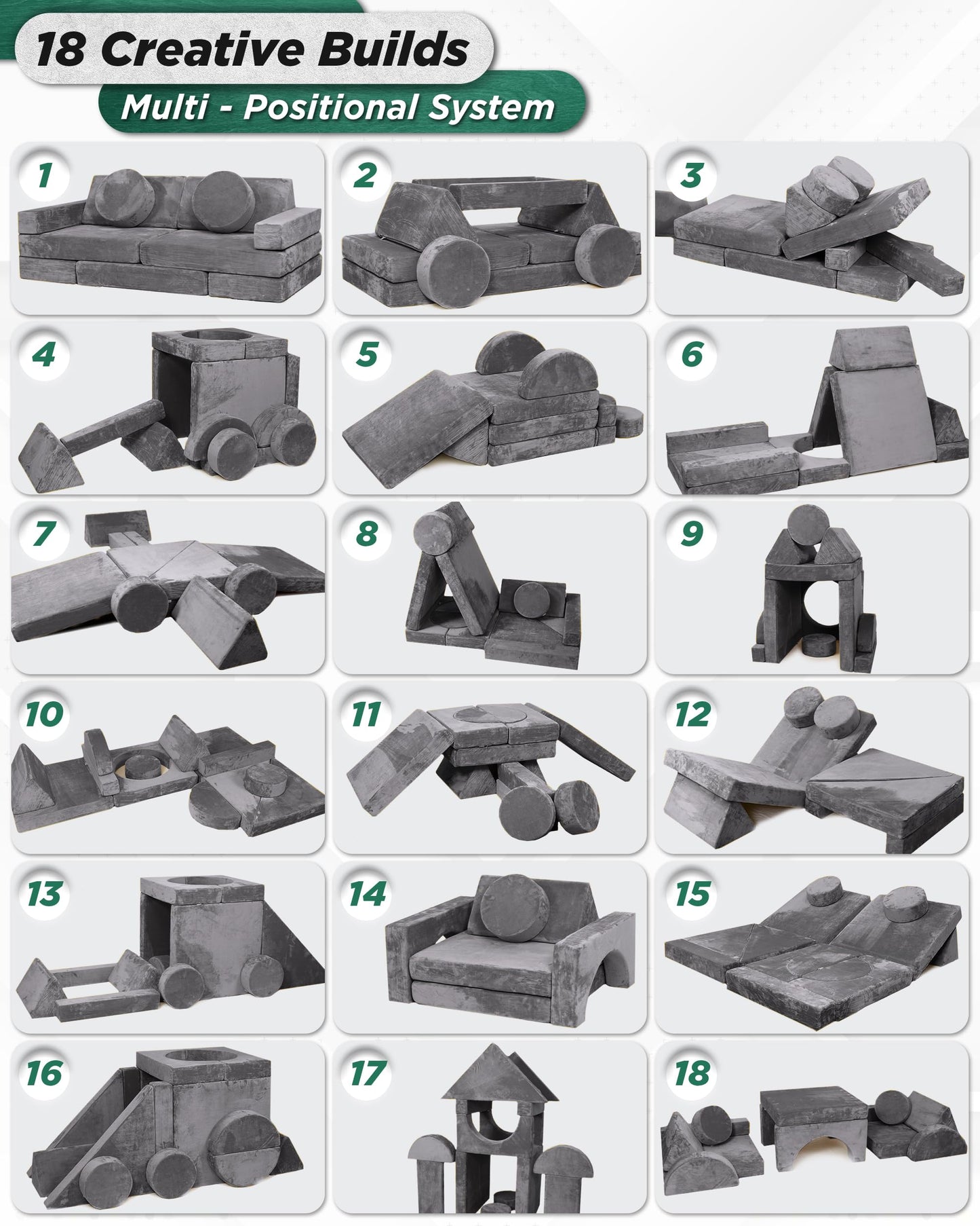 Lunix LX15 14pcs Modular Kids Play Couch, Child Sectional Sofa, Fortplay Bedroom and Playroom Furniture for Toddlers, Convertible Foam and Floor Cushion for Boys and Girls, Gray