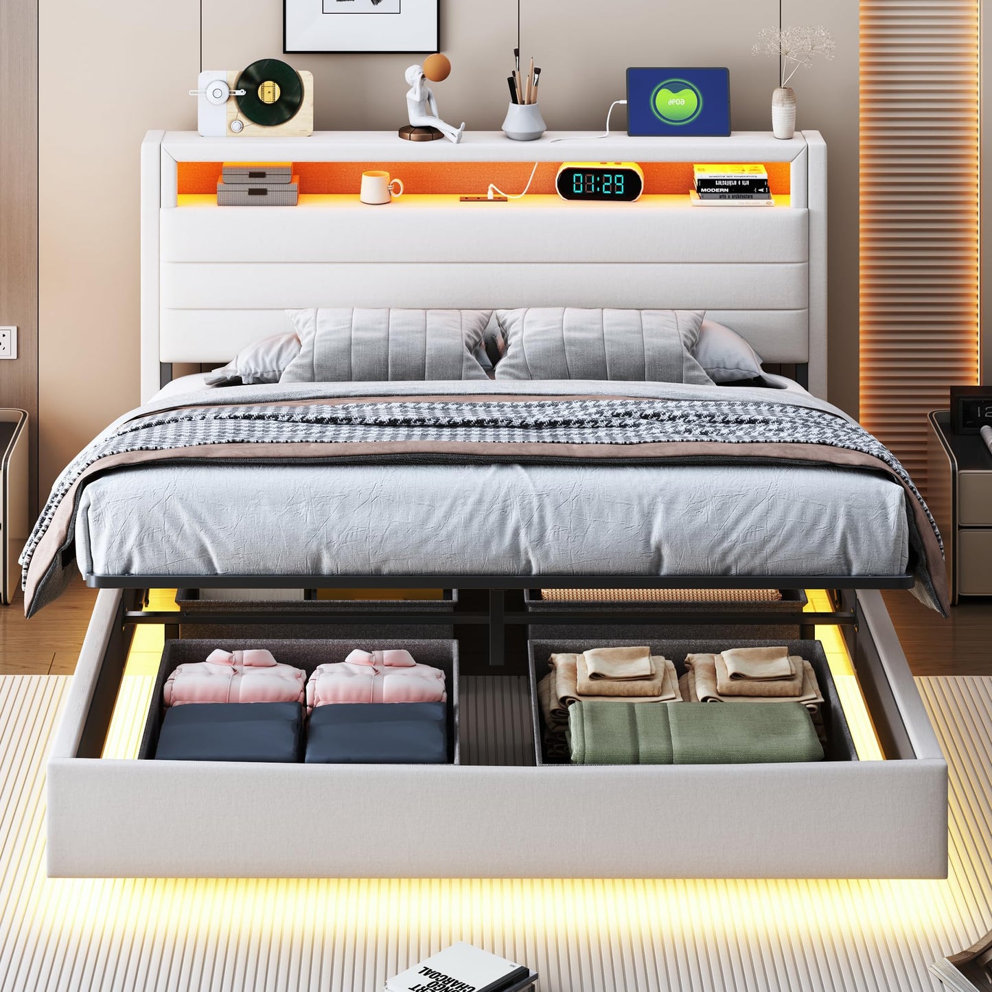LAKFEW Upholstered Bed 140 x 200 cm, Double Bed Functional Bed with USB Socket and LED Lighting, Hanging Bed Headboard with Concealed Storage Space, Bed Frame Bed with Slatted Frame, Linen, Without