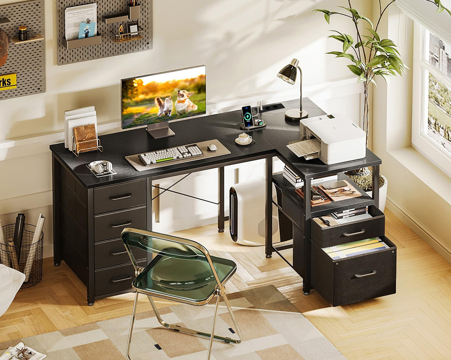 Coleshome Desk with Fabric Drawers, Reversible Desk L Shape with Filing Drawer, Corner Desk with USB Charging Port and Socket, Home Office Desks (White, 140 x 70 cm)