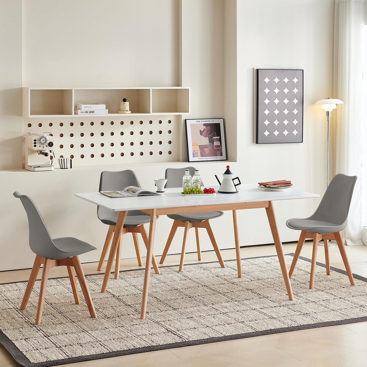 H.J WeDoo Esszimmergruppe mit 4 Essstühlen, Rechteckig Esstisch und Stühle für Esszimmer, Küche, Wohnzimmer, Weißer Esstisch und Graue Stühle