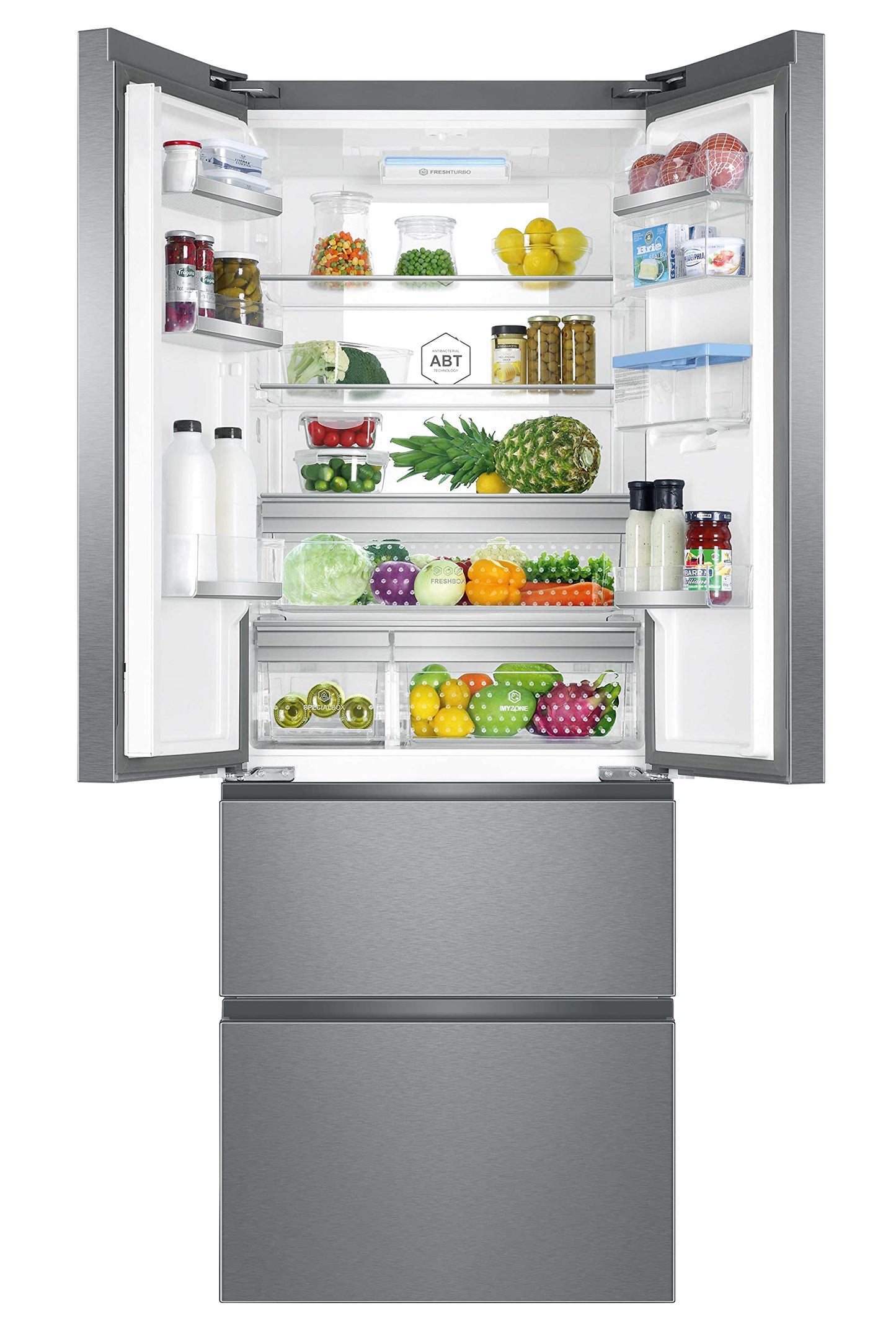 Haier French Door Kühl-Gefrierkombination 70 cm Breite I 402 L French Door Kühlschrank, freistehend I Doppeltür Kühlschrank mit Gefrierfach, No Frost I LED, Touch-Display I FD 70 SERIE 3 HFR3718ENMM