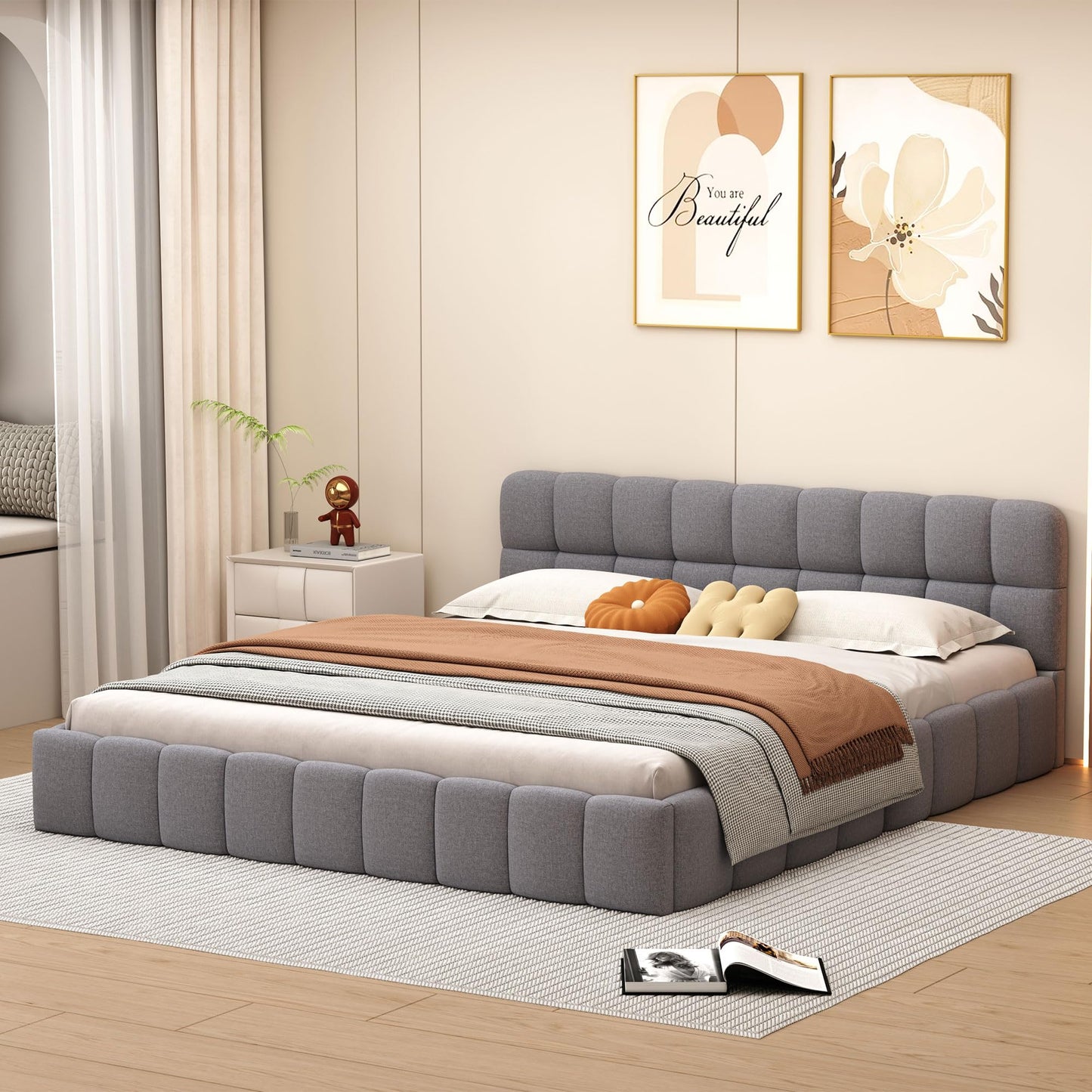 DULRLLY Bubble Bett Polsterbett 140x200 cm,Doppelbett mit Lattenrost, Jugendbett mit Gepolstertes Kopfteil, Gepolstertes Bett für Schlafzimmer und Gästezimmer,ohne Matratze, Leinenstoff (Weiß)