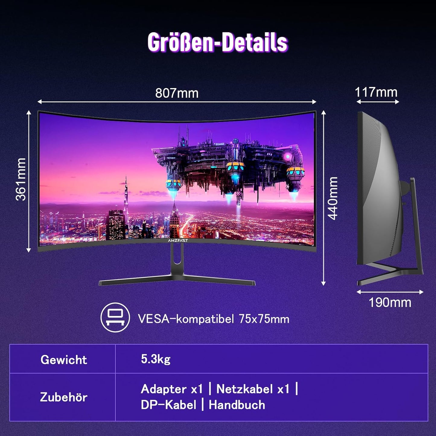 Amzfast 32 Zoll Curved Gaming Monitor (240Hz, 1920x1080, 1ms MPRT, 1500R), Adaptive-Sync, 90% DCI-P3, 120% sRGB, 300cd/m², HDMI 2.0 & DisplayPort 1.4 (AMZG32C3F)