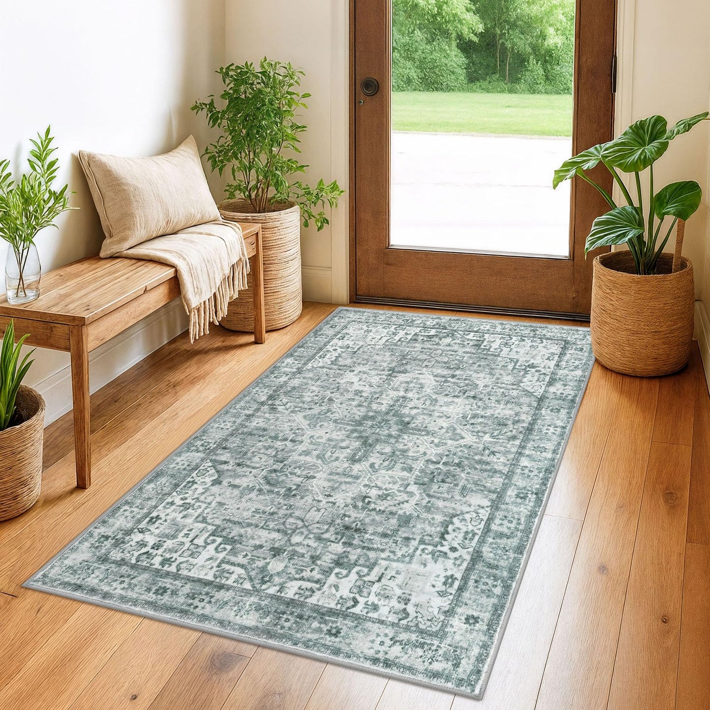 2x3 Blue Washable Rug for Entrance, Soft Traditional Area Rug, Non-Slip Printed Kitchen Rugs, Low-Pile Medallion Indoor Door Mat, Small Farmhouse Carpet for Entryway Kitchen Foyer Bedside