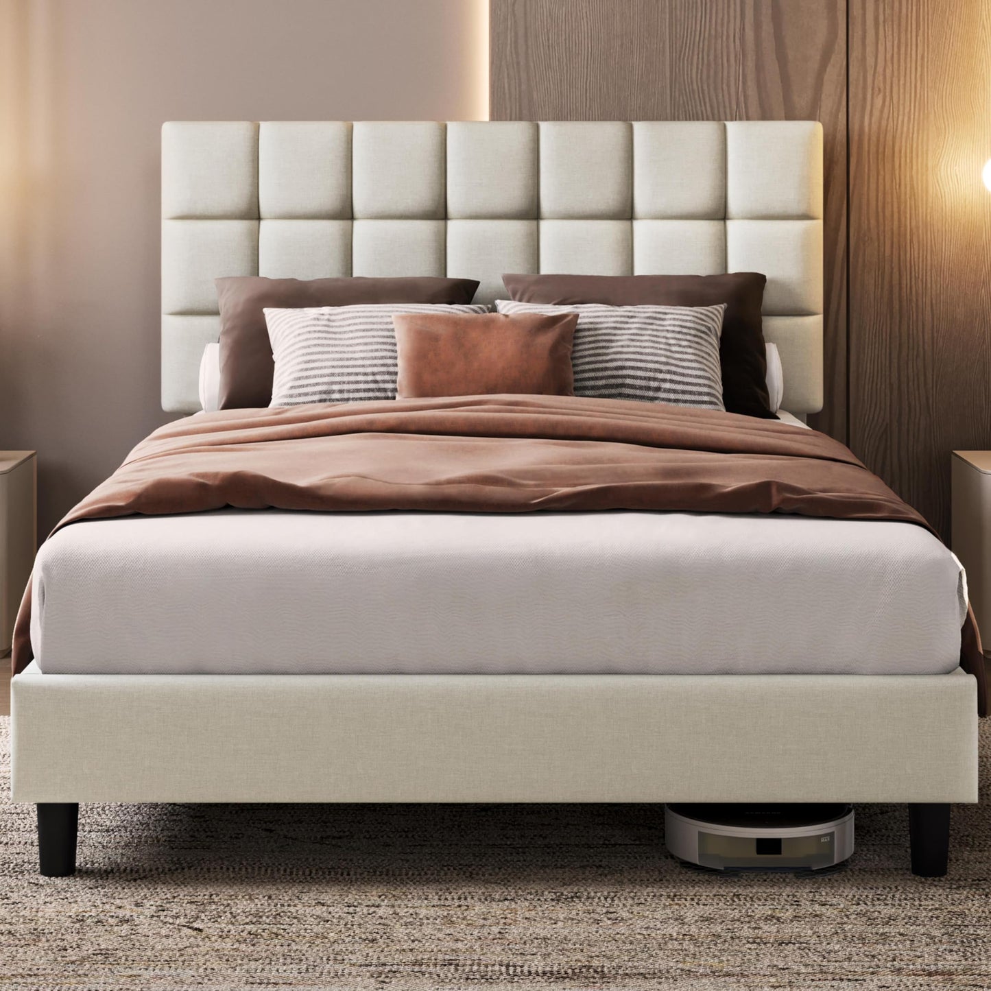 Yaheetech Upholstered Bed 140 x 200 cm Double Bed with Height-Adjustable Headboard, Sturdy Bed Frame, Fabric Bed with Slatted Frame, Padded Bed Frame, Youth Bed, Dark Grey