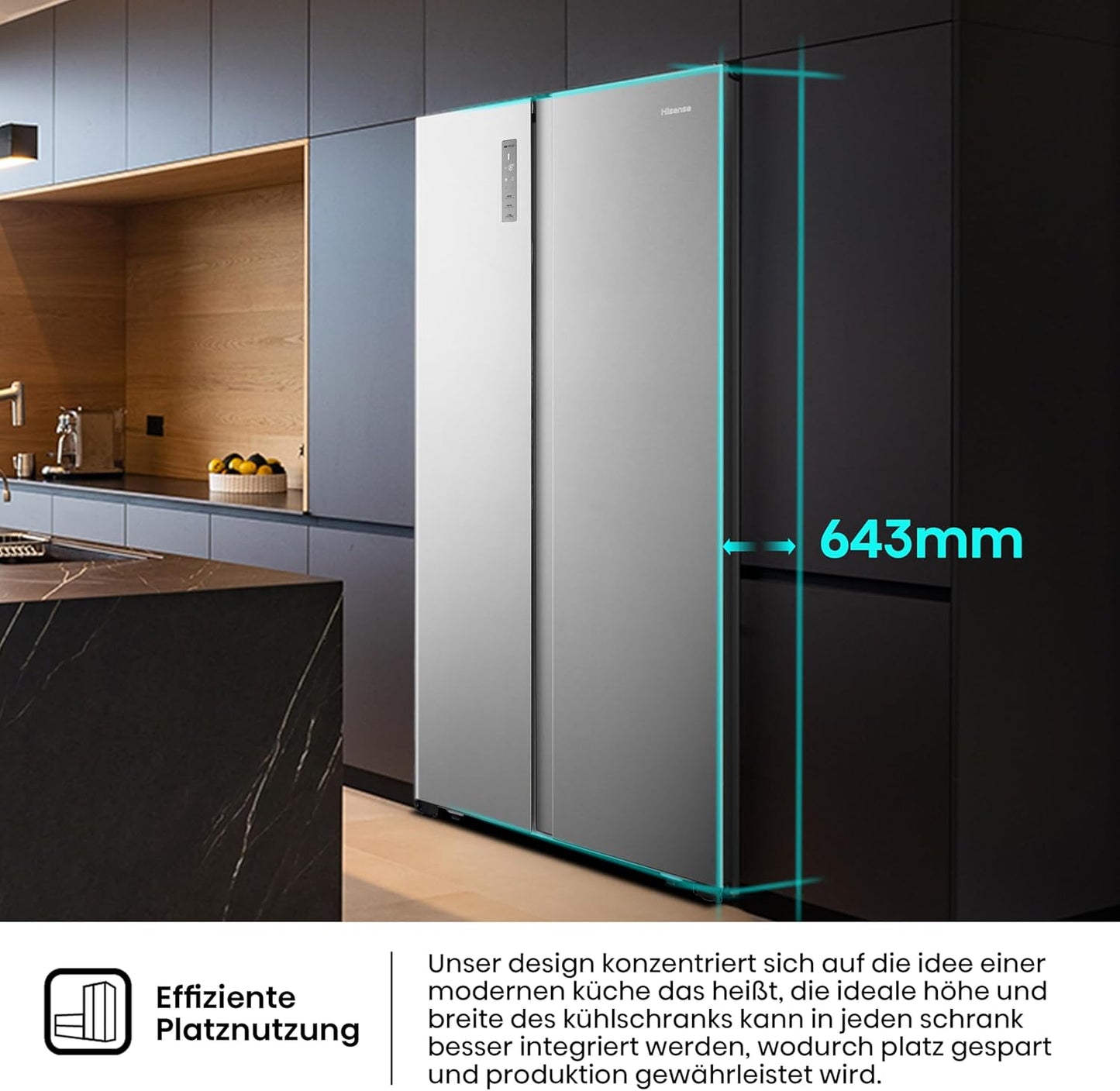Hisense RS677N4BIE Side-by-Side Fridge Freezer / NoFrostPlus / Multiflow 360° / SuperCool / BigBox / 179.3 cm / Fridge Capacity 334 L / Freezer Capacity 185 L / 42 dB / 309 kWh Year / Stainless Steel Look