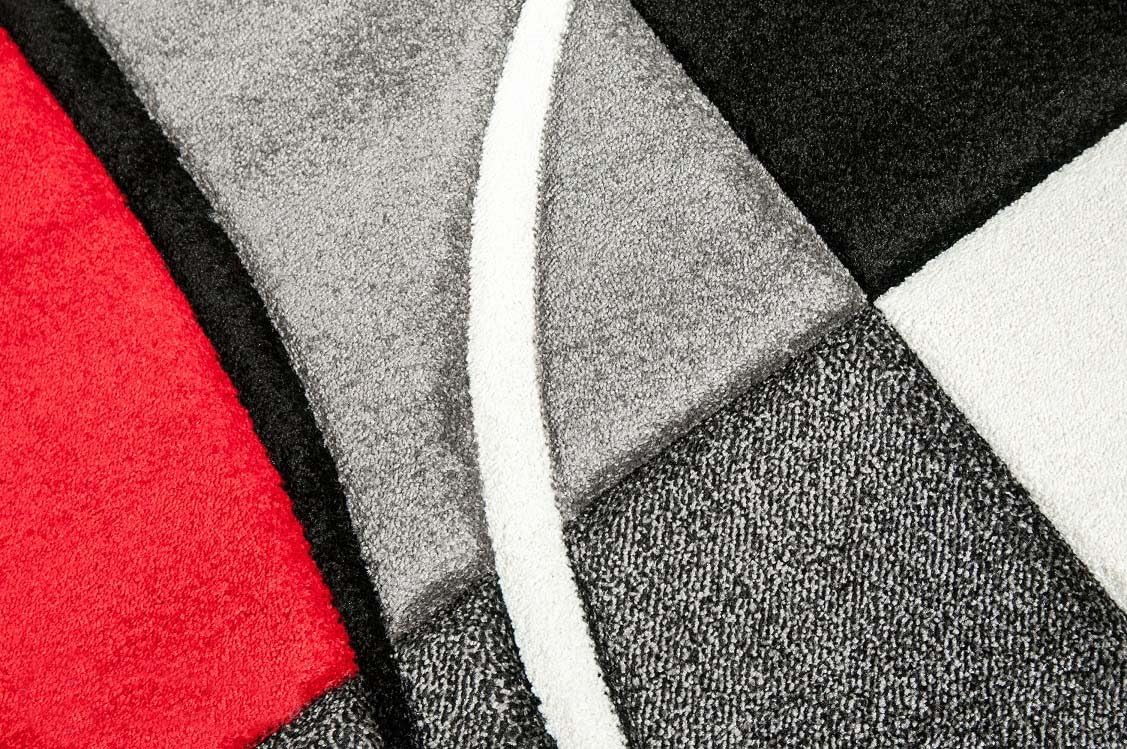 Designer Rug, Modern Short Pile Rug with Contour Cut, Chequered Pattern, Living Room, Red, Grey, White, Black