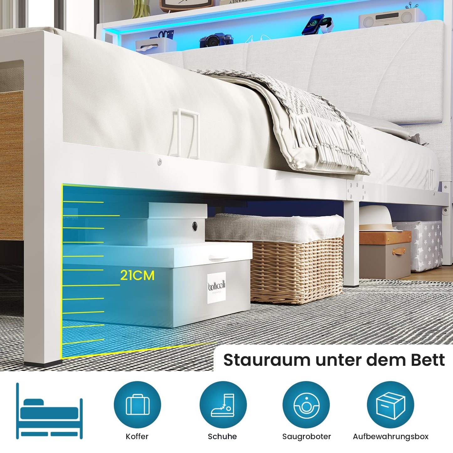 Brinlawb Bed 140 x 200 cm with Metal Slatted Frame, Bed Frame 140 x 200 cm with LED Lighting, Metal Bed 140 x 200 cm with Headboard and Charging Station (2 AC Sockets, 2 USB Ports), Youth Bed, Double