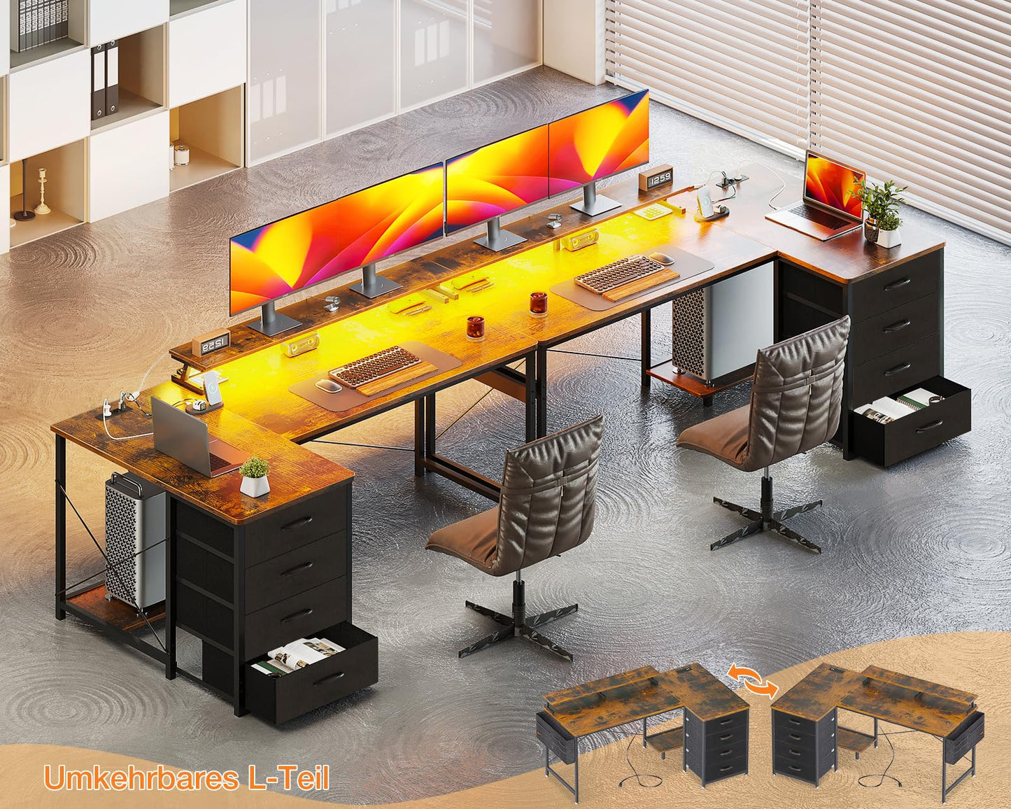 ODK Eckschreibtisch mit 4 Stoff Schubladen, 160x80cm Reversible Schreibtisch L Form mit 2 Steckdosen und 2 USB Ladeanschluss, Gaming Tisch L Form mit LED&Monitorständer für Home Office, Schwarz