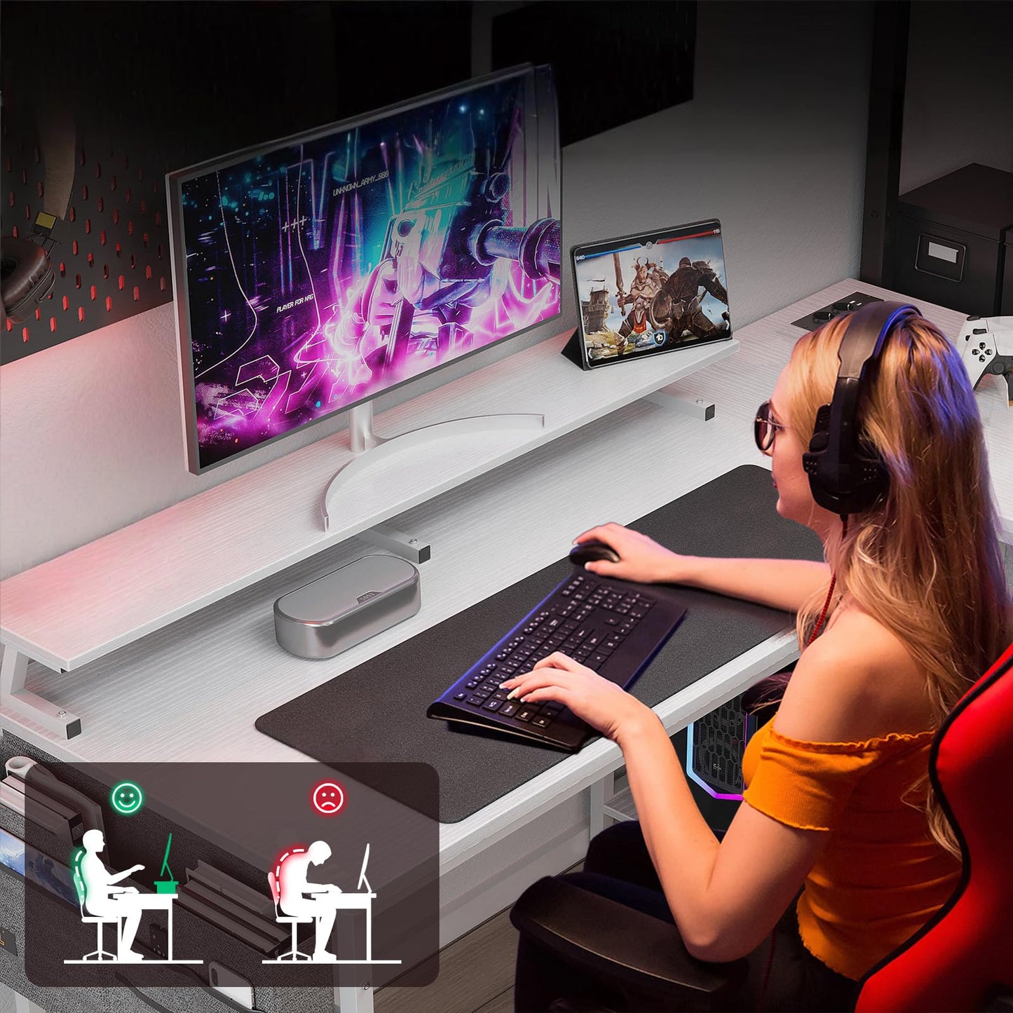 ODK Corner Desk with 4 Fabric Drawers, 140 x 80 cm, Desk L Shape Reversible with USB Charging Port and Socket, L Shaped Desk with Monitor Shelf for Home Office, White