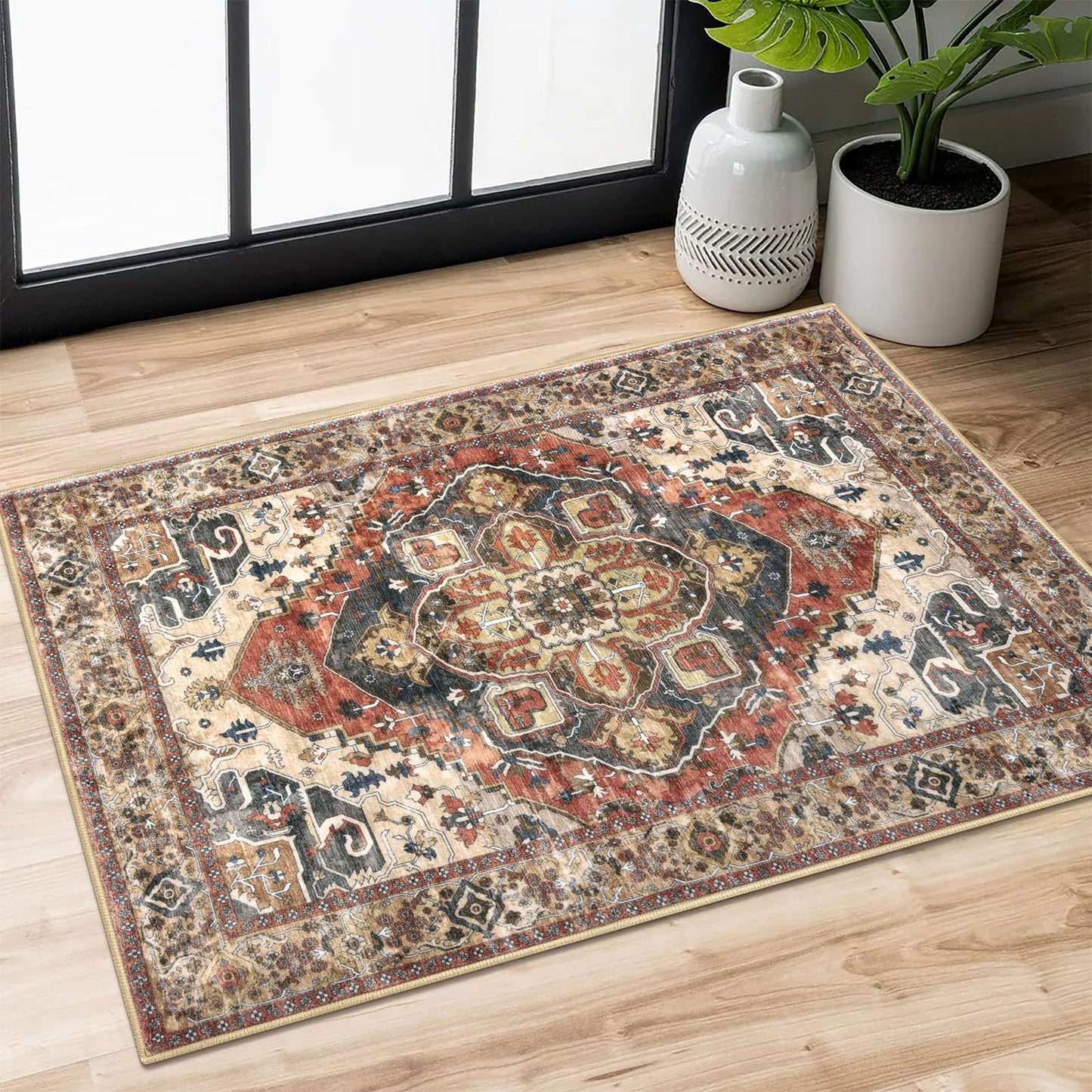 2x3 Blue Washable Rug for Entrance, Soft Traditional Area Rug, Non-Slip Printed Kitchen Rugs, Low-Pile Medallion Indoor Door Mat, Small Farmhouse Carpet for Entryway Kitchen Foyer Bedside