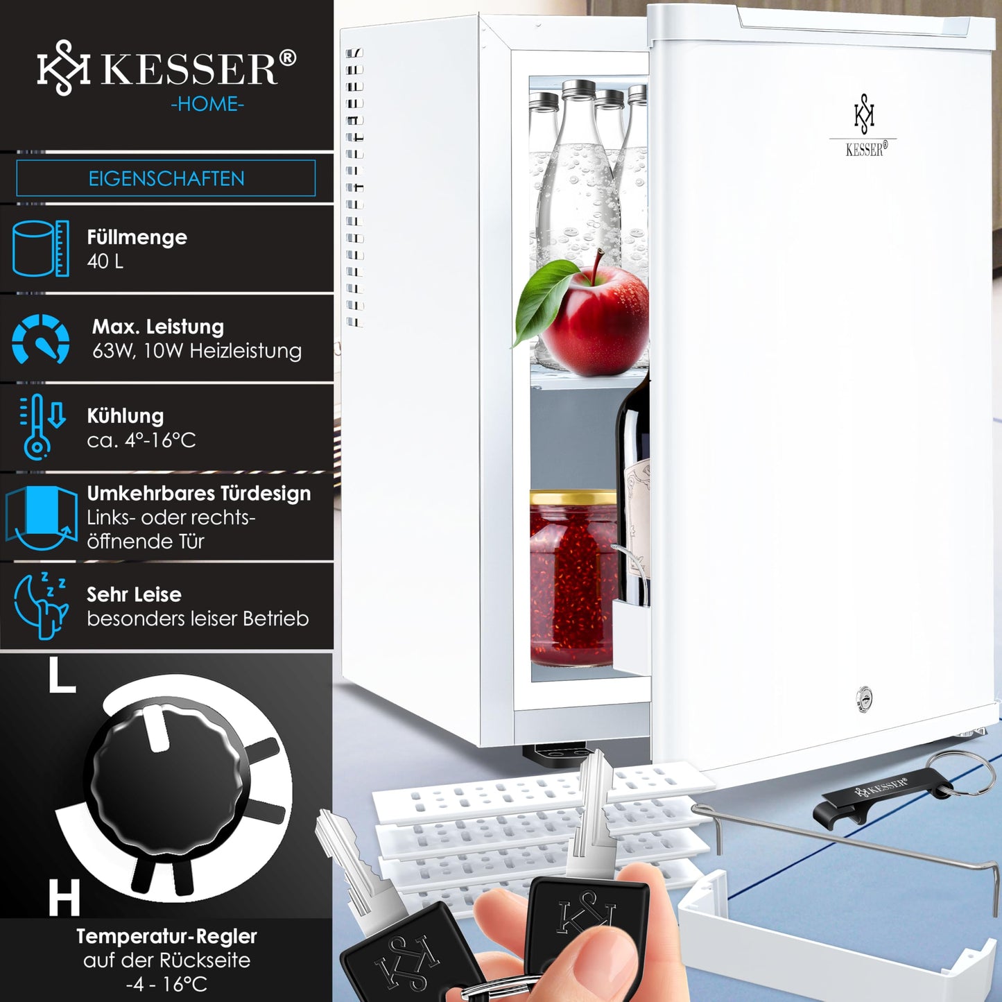 KESSER® Mini Fridge 40 L Lockable Mini Bar Ideal for Camping, Office, Bedroom, Hotel, Kitchen, Small Fridge Completely Silent, Interchangeable Door Hinge, Interior Lighting with Glass Opener