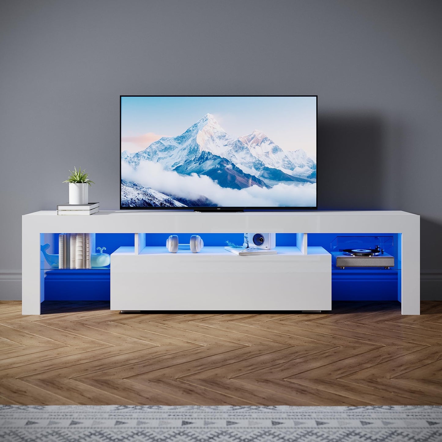 SONNI Modern TV Cabinet 180 cm, Lowboard High Gloss White with 16 Colours LED Lighting, Drawer, Open Glass Shelves, TV Stand for TVs up to 65 Inches, Living Room & Bedroom, 180 x 35 x 45 cm