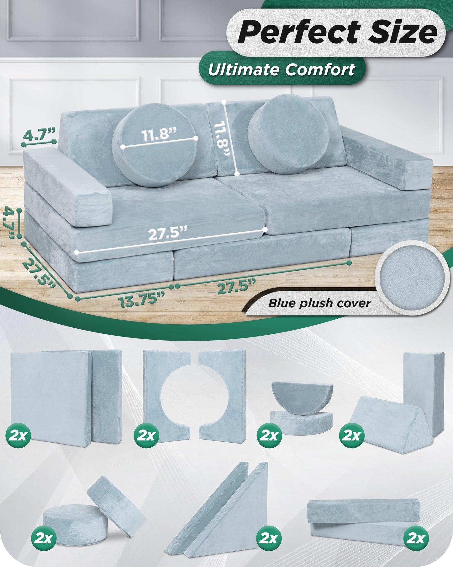 Lunix LX15 14pcs Modular Kids Play Couch, Child Sectional Sofa, Fortplay Bedroom and Playroom Furniture for Toddlers, Convertible Foam and Floor Cushion for Boys and Girls, Gray