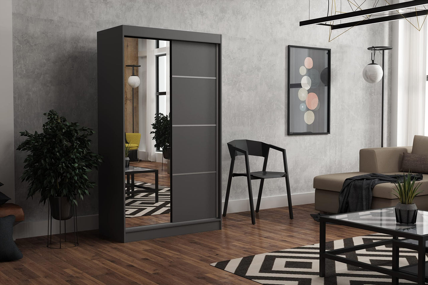 Brent - Tom Wardrobe with Mirror, 160 cm Wide, Bedroom Wardrobe with 1 Clothes Rail and Shelves for Clothes, Wardrobe Grey