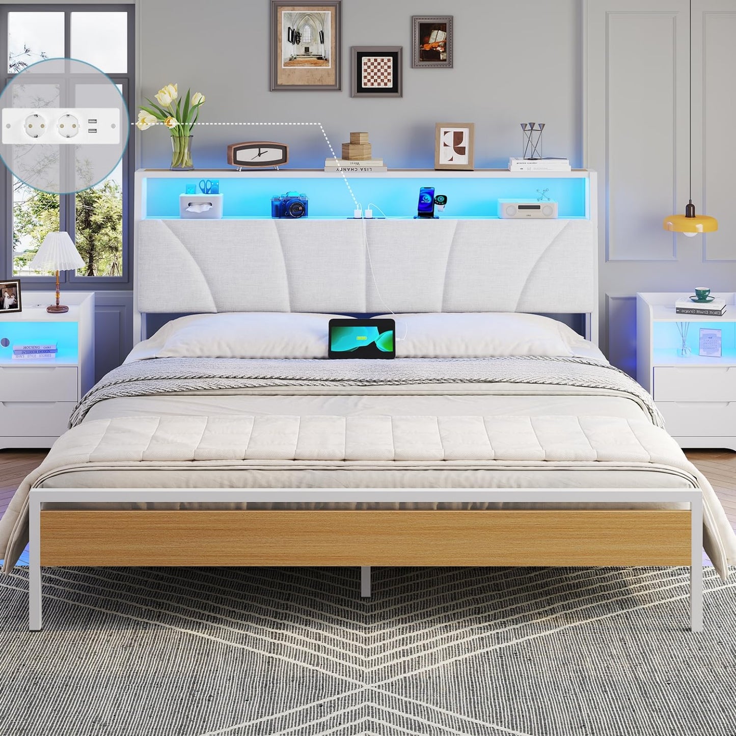 Brinlawb Bed 140 x 200 cm with Metal Slatted Frame, Bed Frame 140 x 200 cm with LED Lighting, Metal Bed 140 x 200 cm with Headboard and Charging Station (2 AC Sockets, 2 USB Ports), Youth Bed, Double