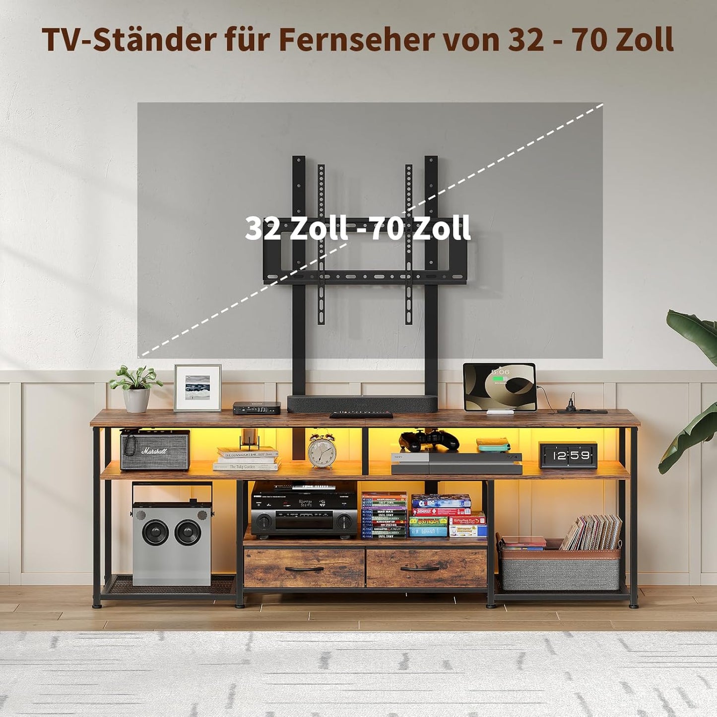FUSOU TV Cabinet with Bracket and LED Lights, Lowboard for TVs up to 70 Inches, TV Stand with 2 Drawers, 5 Open Compartments, TV Cabinet for Living Room, Vintage Brown/Black