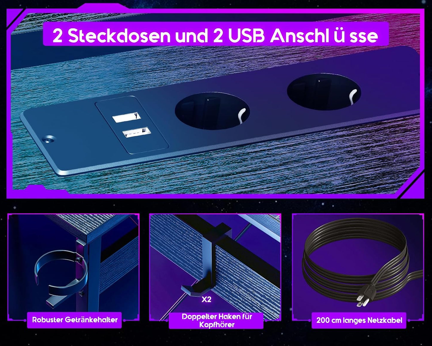 ODK Gaming Tisch mit LED, Gaming Schreibtisch mit 2 Steckdosen und 2 USB Ladeanschluss, PC Tisch Gaming mit großzügiger Monitorablage, Gamer Schreibtisch in Kohlefaser Weiß, 129x129 cm