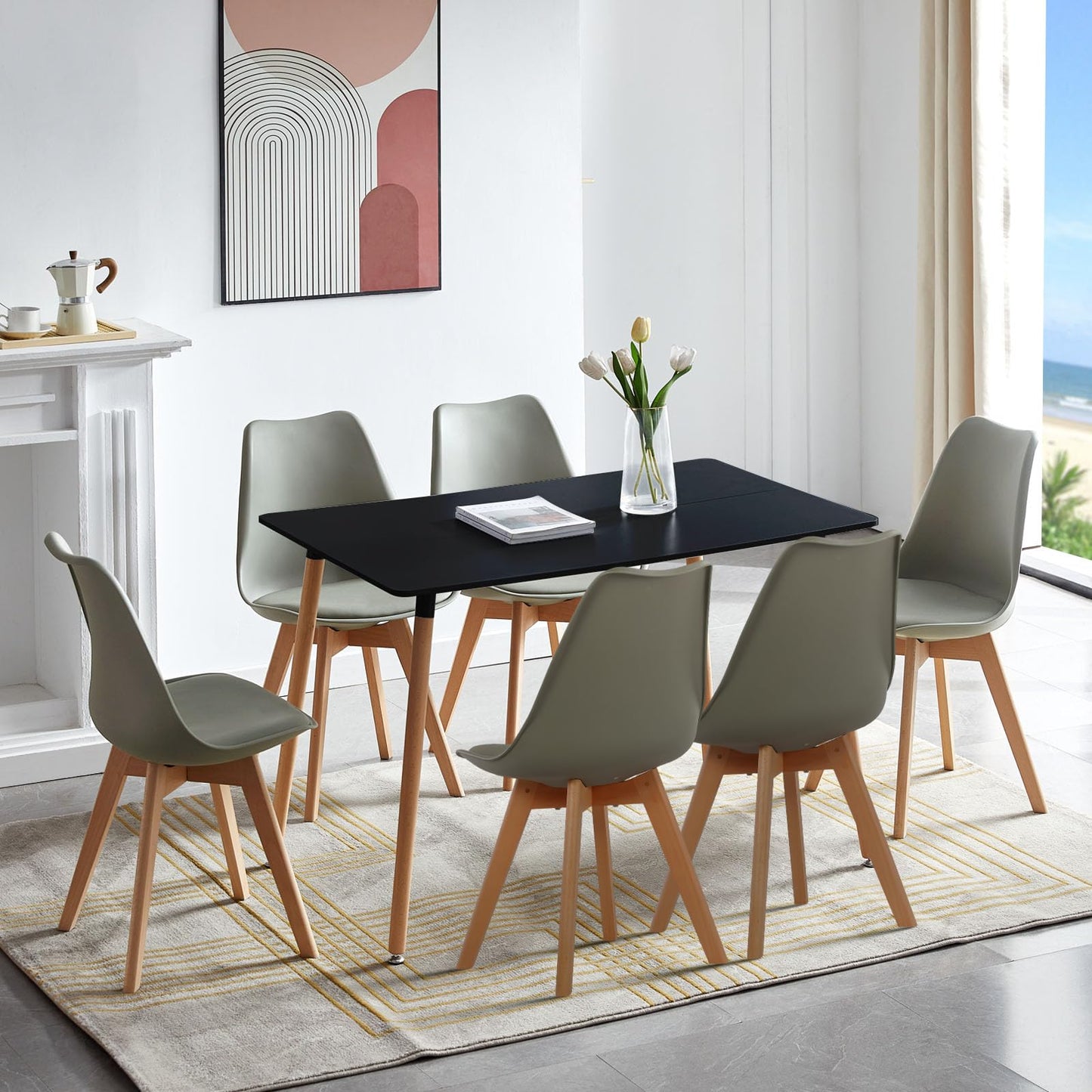 H.J WeDoo Esszimmergruppe mit 4 Essstühlen, Rechteckig Esstisch und Stühle für Esszimmer, Küche, Wohnzimmer, Weißer Esstisch und Graue Stühle