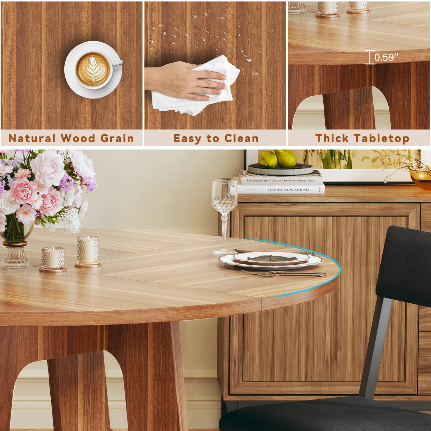 Round Dining Table Set for 6, 7-Piece Kitchen Table and Chairs for 6, 47'' Round Dining Room Table Set with 6 Chairs, Space Saving Dining Table with Wood Base for Kitchen, Living Room, Brown