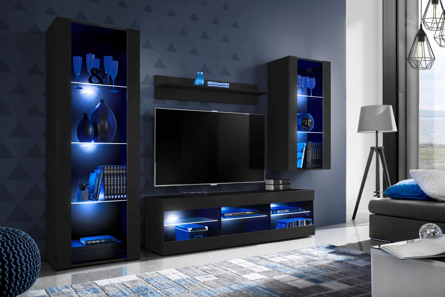 Komodee Tivoli Medio Wall Unit Living Room Set, Black/Black, Width 245 cm x Height 159 cm x Depth 35 cm, LED Blue, for Living Room, Bedroom