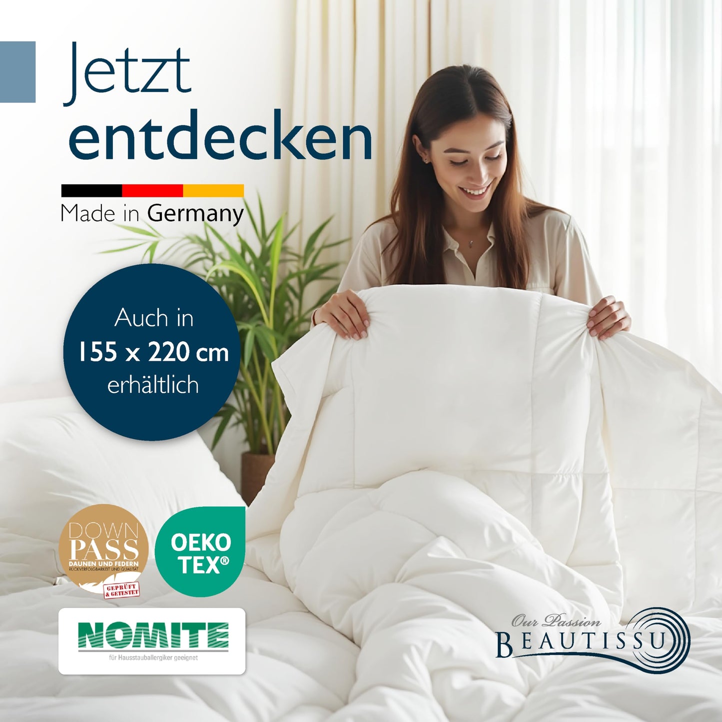 Beautissu All-Year Duvet Feather Duvet 135 x 200 cm with 100% Down and Feathers - Made in Germany - Oeko-Tex, Downpass & Nomite Certified - 100% Cotton Cover Down Duvet 135 x 200 cm Washable - GF