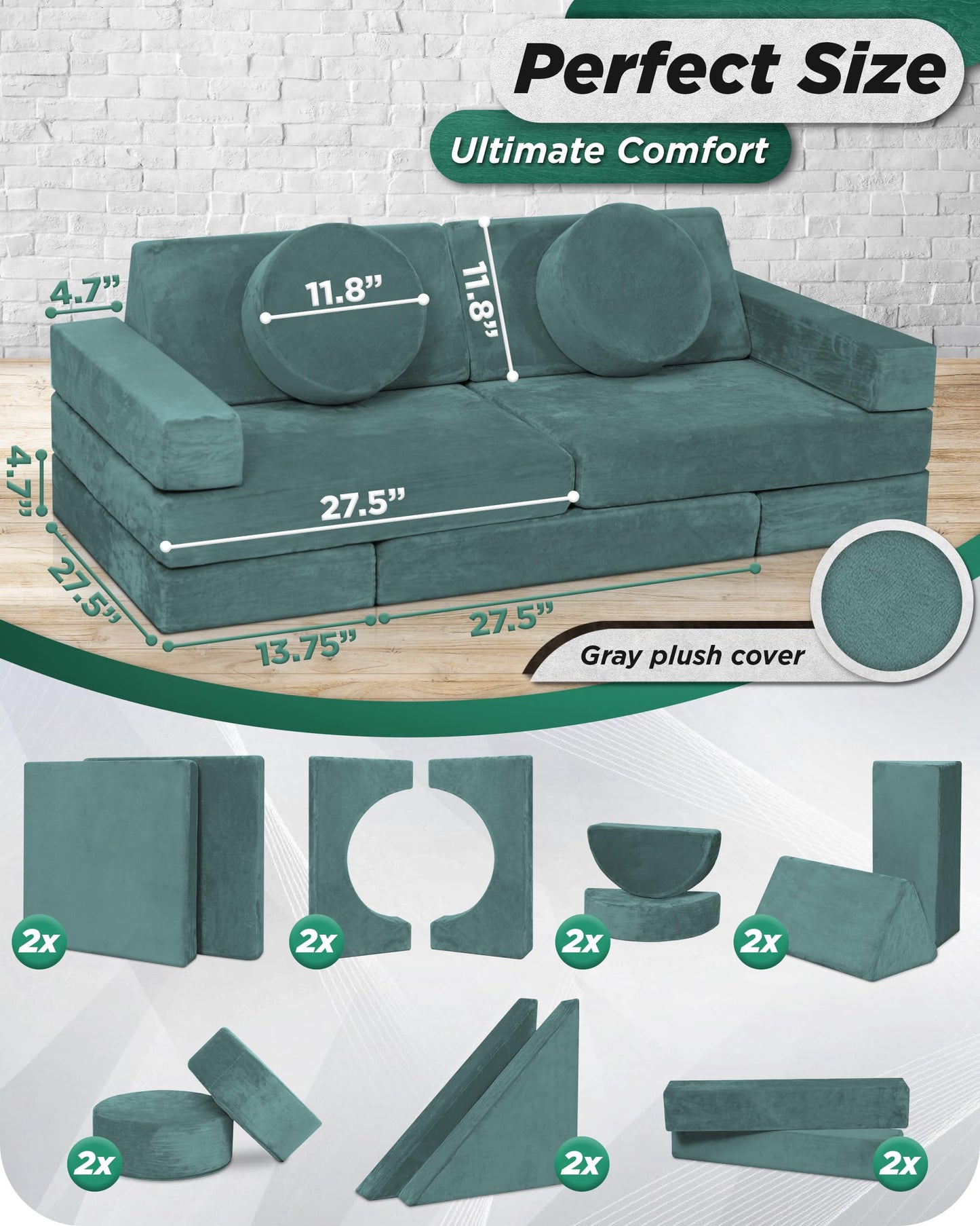 Lunix LX15 14pcs Modular Kids Play Couch, Child Sectional Sofa, Fortplay Bedroom and Playroom Furniture for Toddlers, Convertible Foam and Floor Cushion for Boys and Girls, Gray