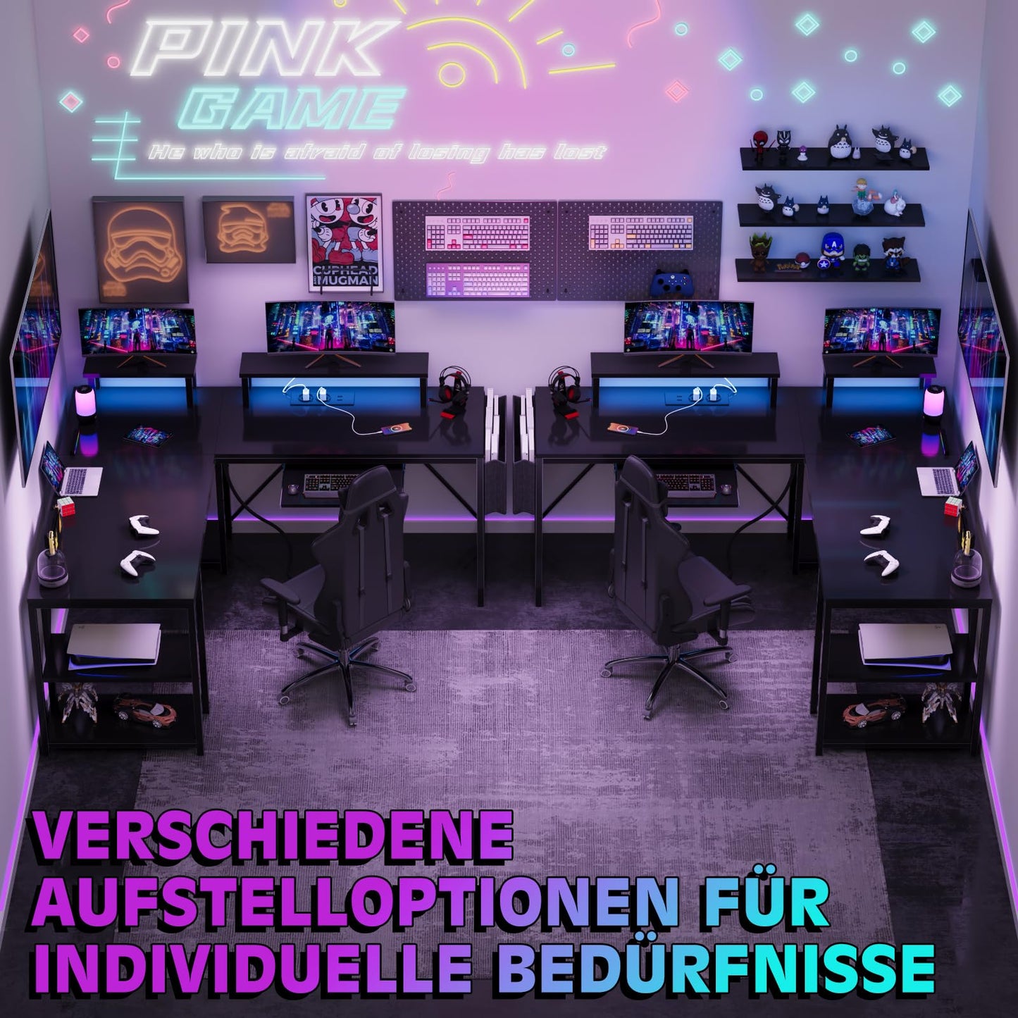 Flamaker Gaming Tisch l Form 140x140 cm - Eckschreibtisch mit RGB LED, Monitorständer & Ablagefach | 2 Steckdosen + 2 USB-Anschlüsse (Weiß)
