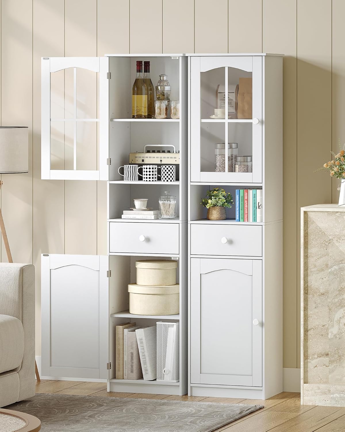 Hzuaneri SC10003X Bathroom Cabinet with Glass Door, High Storage Cabinet with 2 Doors and 1 Drawer, Adjustable Shelves, Bathroom, Living Room, 40 x 30 x 170 cm, White