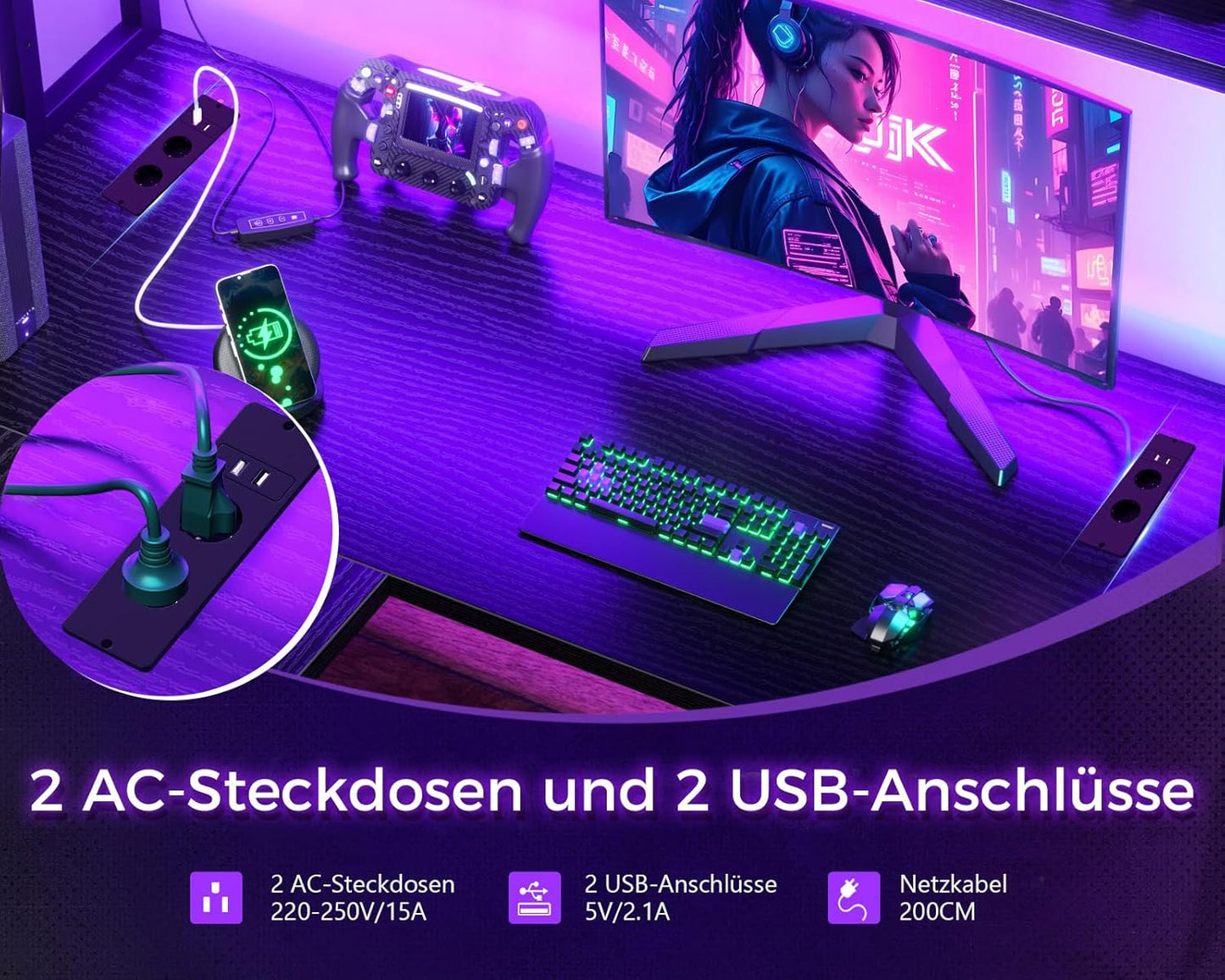 ODK Eckschreibtisch Weiß mit Stall, 150×120 cm Reversibel Gaming Tish L Form mit LED, Computertisch mit USB-Ladeanschluss&Steckdose, Gaming Schreibtisch für das Heimbüro