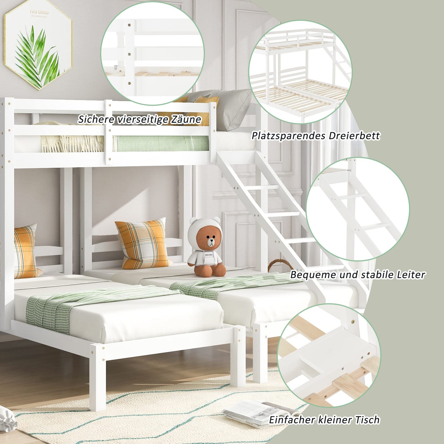 Merax Hausbett 90x200 cm mit 2 Schubladen, für 2 Kinder Doppelbett, Vielseitiges Holz Baumhausbett für Mädchen & Jungen, Stabil Spielbett Gitterbett mit Rausfallschutz und Lattenrost, Weiß