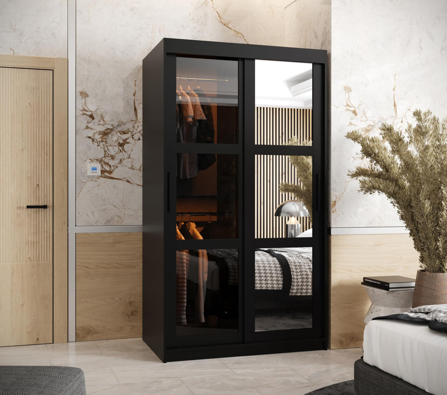 MEBLE KRYSPOL Dome 2 Schrank mit DREI Schiebetüren mit Spiegel, Stangen und Regalen - Aufbewahrungsschrank mit Rauchglas für Schlafzimmer, Wohnzimmer - 200x250x62cm - Schwarz, Schwarz, Schwarz