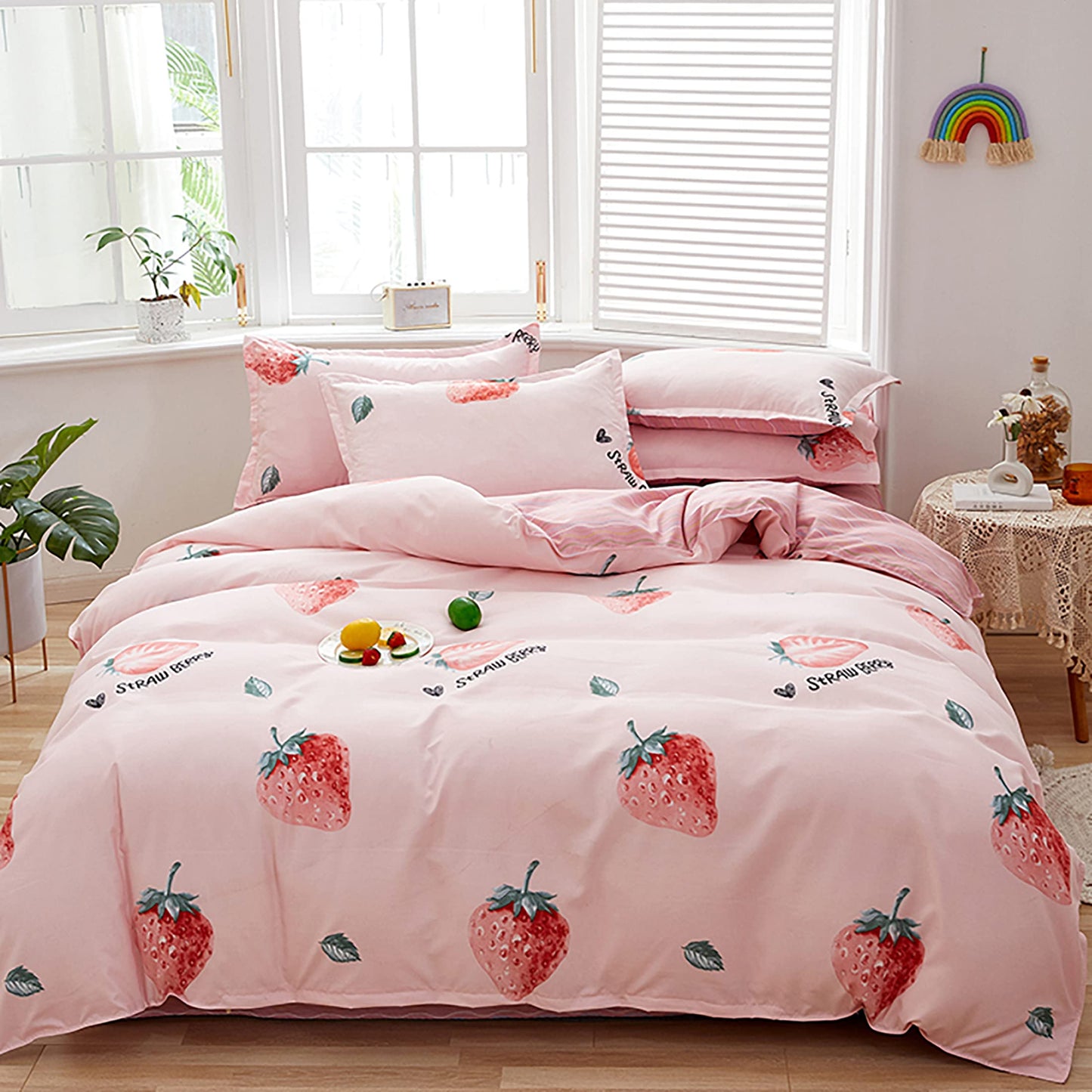 GETIYA Cartoon Hearts Bed Linen, 135 x 200 cm, Girls'/Women’s/Children’s Bed Linen, Pink Hearts Pattern, Duvet Cover, Microfibre, Duvet Cover, Light Pink, with Zip and Pillowcase, 80 x 80 cm