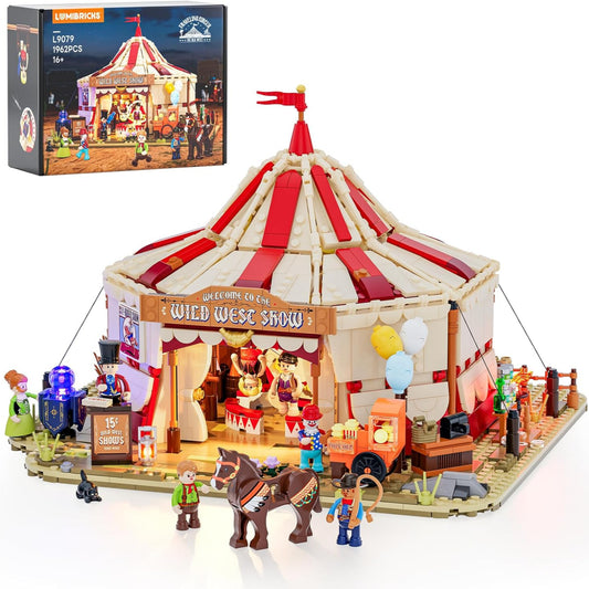 Lumibricks Traveling Circus Bauset mit Licht – 1962 Teile Zirkuszelt mit LED & Minifiguren – Modularer Jahrmarkt für Erwachsene, Westernfans & Freizeitpark-Sammler