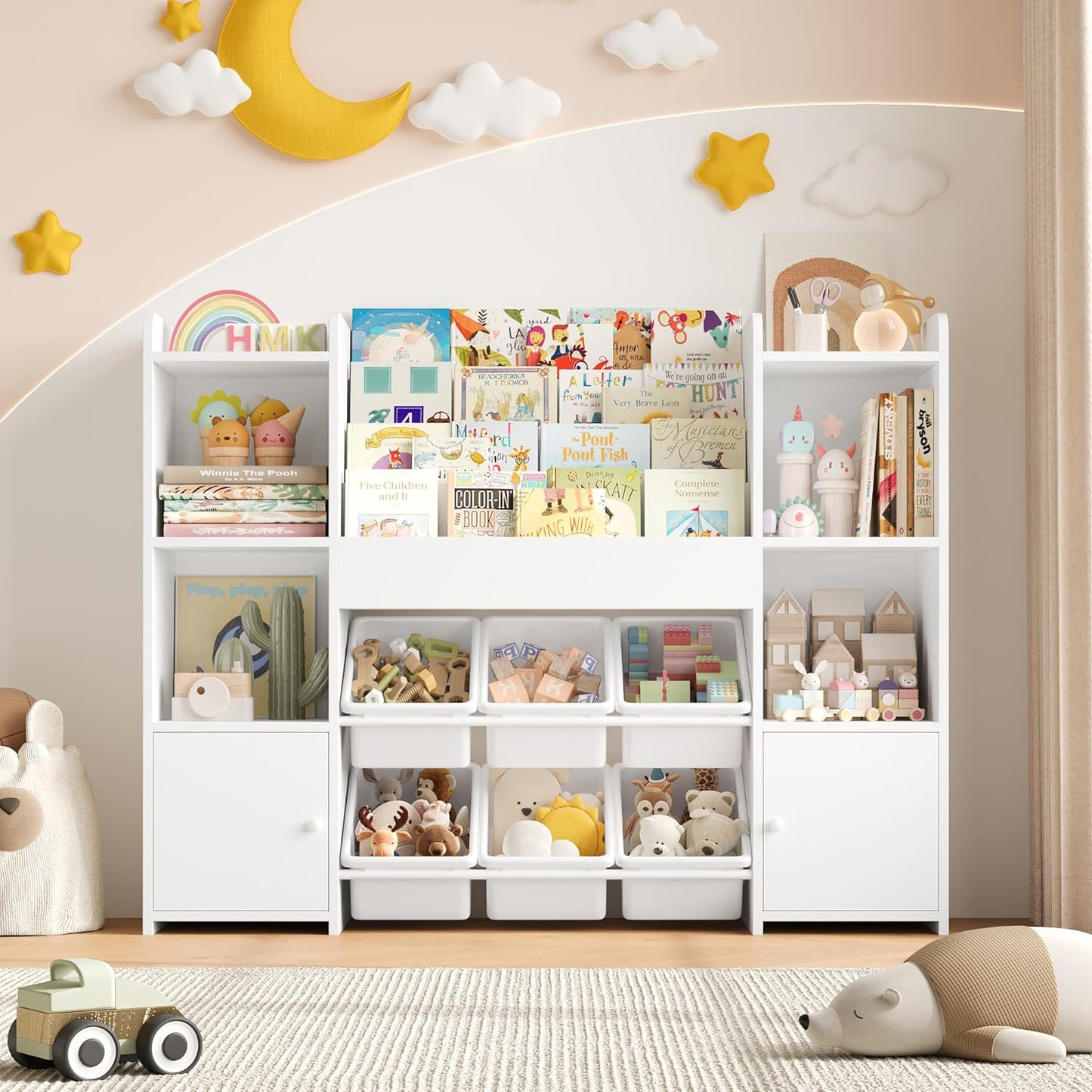 FOREHILL Children's Shelf with Children's Bookcase, Children's Room Furniture Made of Wood, Bookcase for Children with Storage Box, Children's Cabinet with Toy Box, Children's Shelf with 6 Boxes, 119