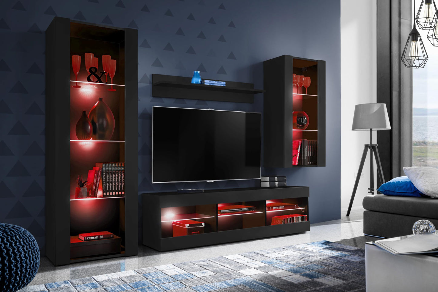 Komodee Tivoli Medio Wall Unit Living Room Set, Black/Black, Width 245 cm x Height 159 cm x Depth 35 cm, LED Blue, for Living Room, Bedroom
