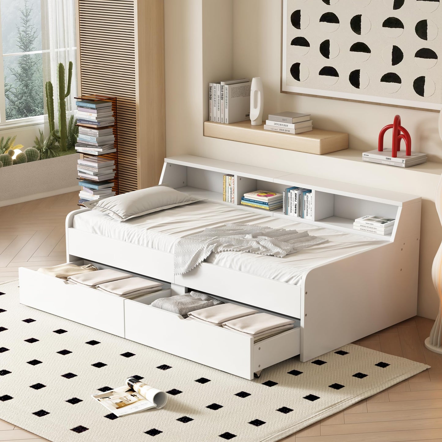 Children's Bed 90 x 200 cm, Wooden Bed with Drawers and Board, Headboard with Bookshelf and Fall Protection, Bed with Slatted Frame and Storage Space, Teenager's Bed, Functional Bed, Wooden Bed Frame,