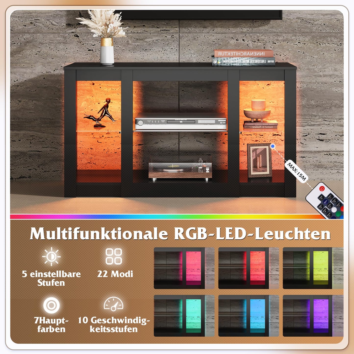 WLIVE LED TV Cabinet, 166 x 39 x 56 cm, Lowboard for TVs up to 75 Inches, TV Stand with Adjustable Glass Shelf for Living Room, Bedroom (Black)
